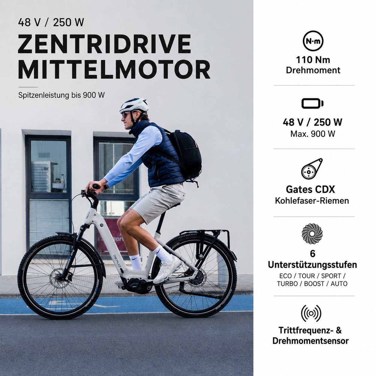 DERUIZ E-Bike Trekkingrad 28 Zoll/29 Zoll, 110Nm, 48V 720Wh, 180km, Riemenantrieb, RH:42/48cm, Nabenschaltung, Mittelmotor, 720 Wh, (Trittfrequenz- und Drehmomentsensor, Lockout-Federgabel, Tiefeinsteiger), Bluetooth+APP, Routenaufzeichnung, 120Lux Licht, Elektrofahrrad