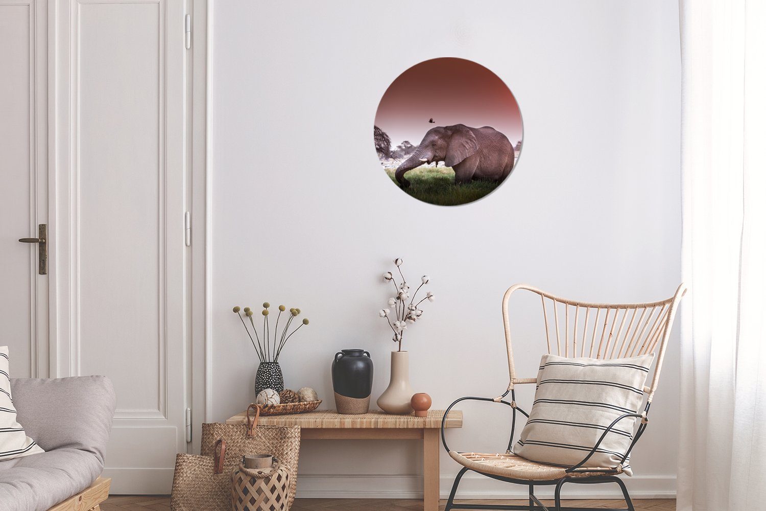 MuchoWow Gemälde Wandbild, Wohnzimmer, Gras Rundes cm 30x30 - Kreis St), - Forex, Wanddekoration (1 - Elefant Sonne Tiere