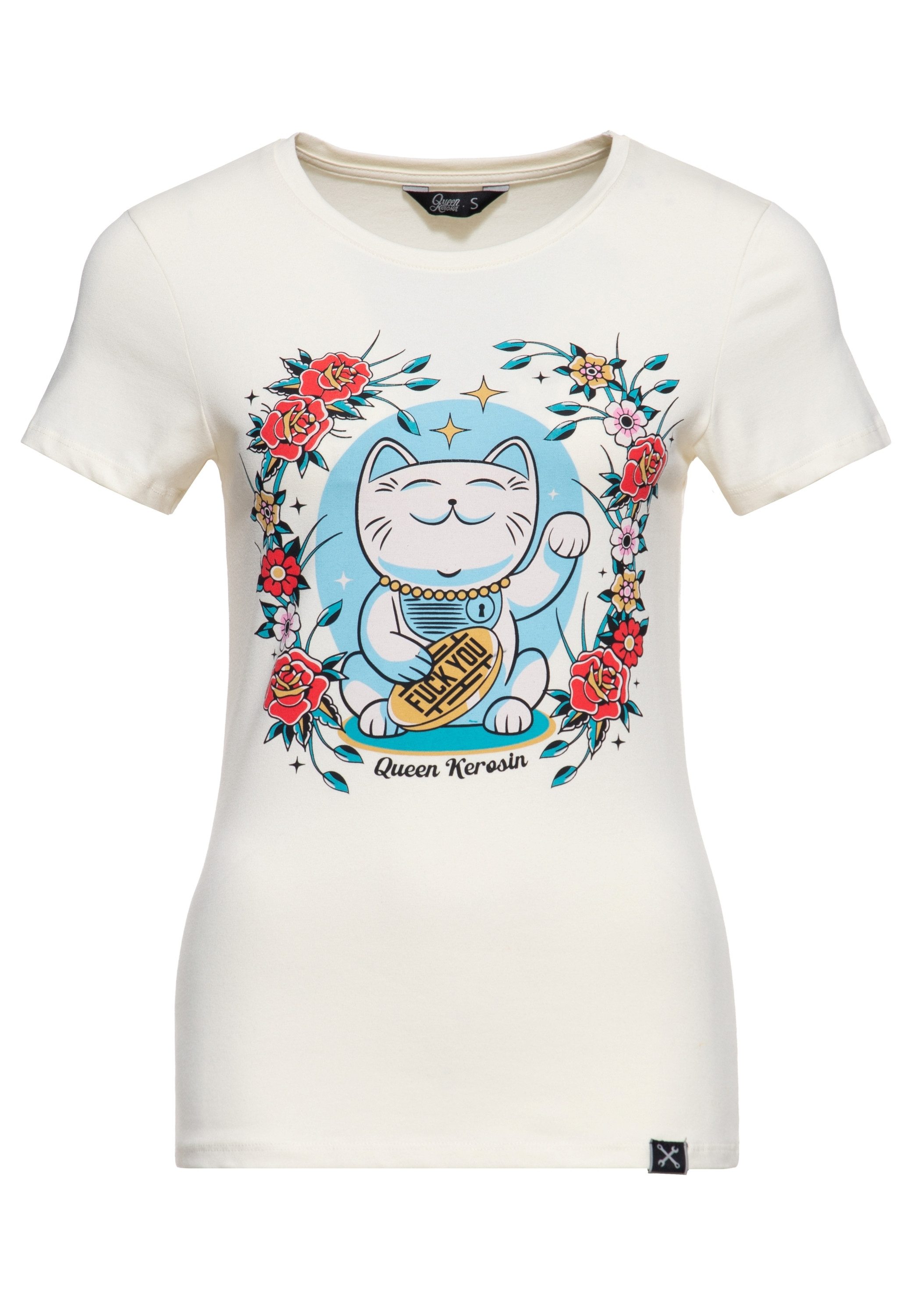 QueenKerosin Print-Shirt Lucky Cat (1-tlg) mit Artwork-Print
