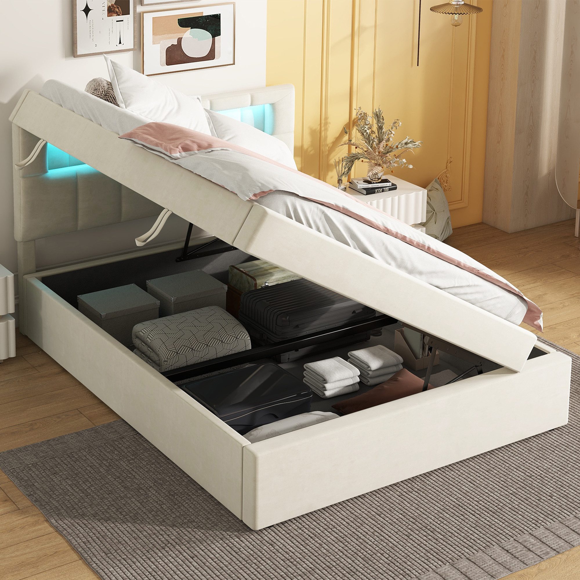 Flieks Polsterbett, LED Seitlich-Öffnen Hydraulisches Polsterbett Stauraumb günstig online kaufen