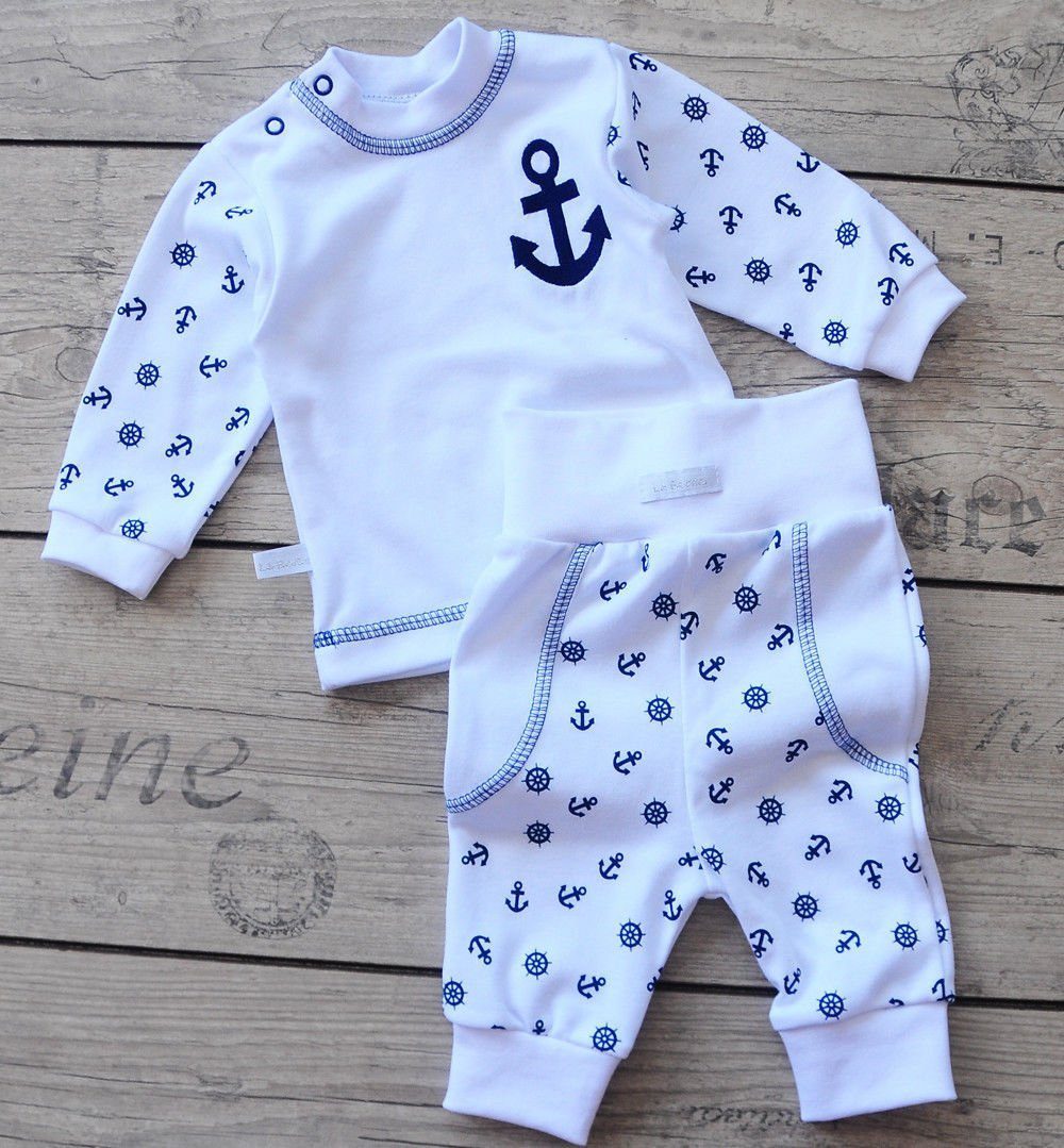 La Bortini Anzug Baby Anzug Longsleeve Schlupfhose in Weiß mit Ankermuster aus Baumwolle, gemustert, 50 56 62 68 74 80 86 92 98