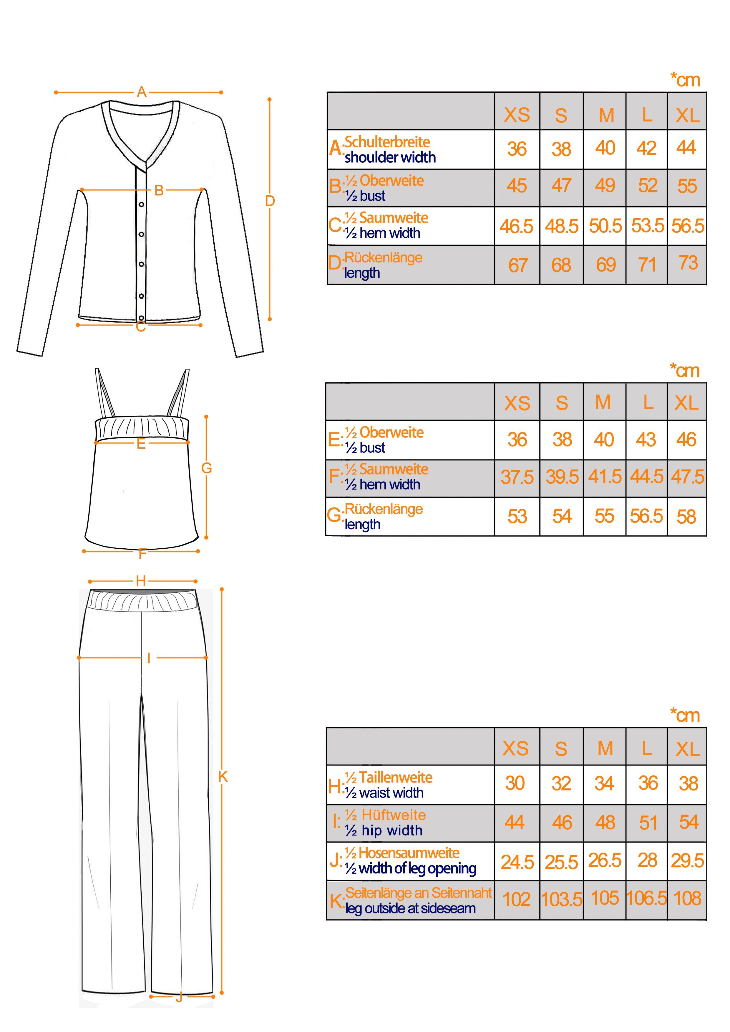 Top Hose V-Ausschnitt 3 Damenwäsche Schlafanzug Damen Schwarz RAIKOU tlg) (Set, incl.Jacket Pyjama-Set