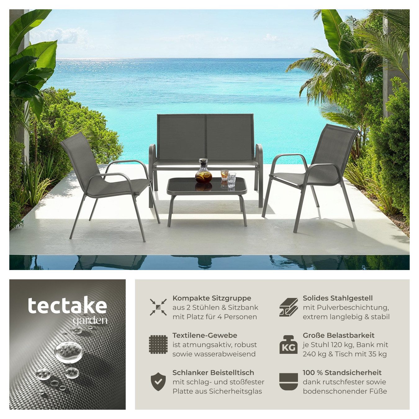 tectake Gartenlounge-Set Sitzgruppe Nora für 4 Personen, Textilene-Gewebe, (Set., 4-tlg), Stabile Gestelle aus pulverbeschichtetem Stahl