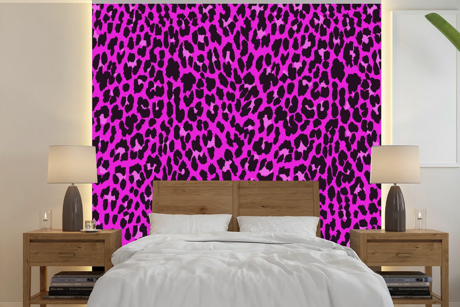 MuchoWow Fototapete Leopardenmuster - Muster - Rosa, Matt, bedruckt, (5 St), Vinyl Tapete für Wohnzimmer oder Schlafzimmer, Wandtapete