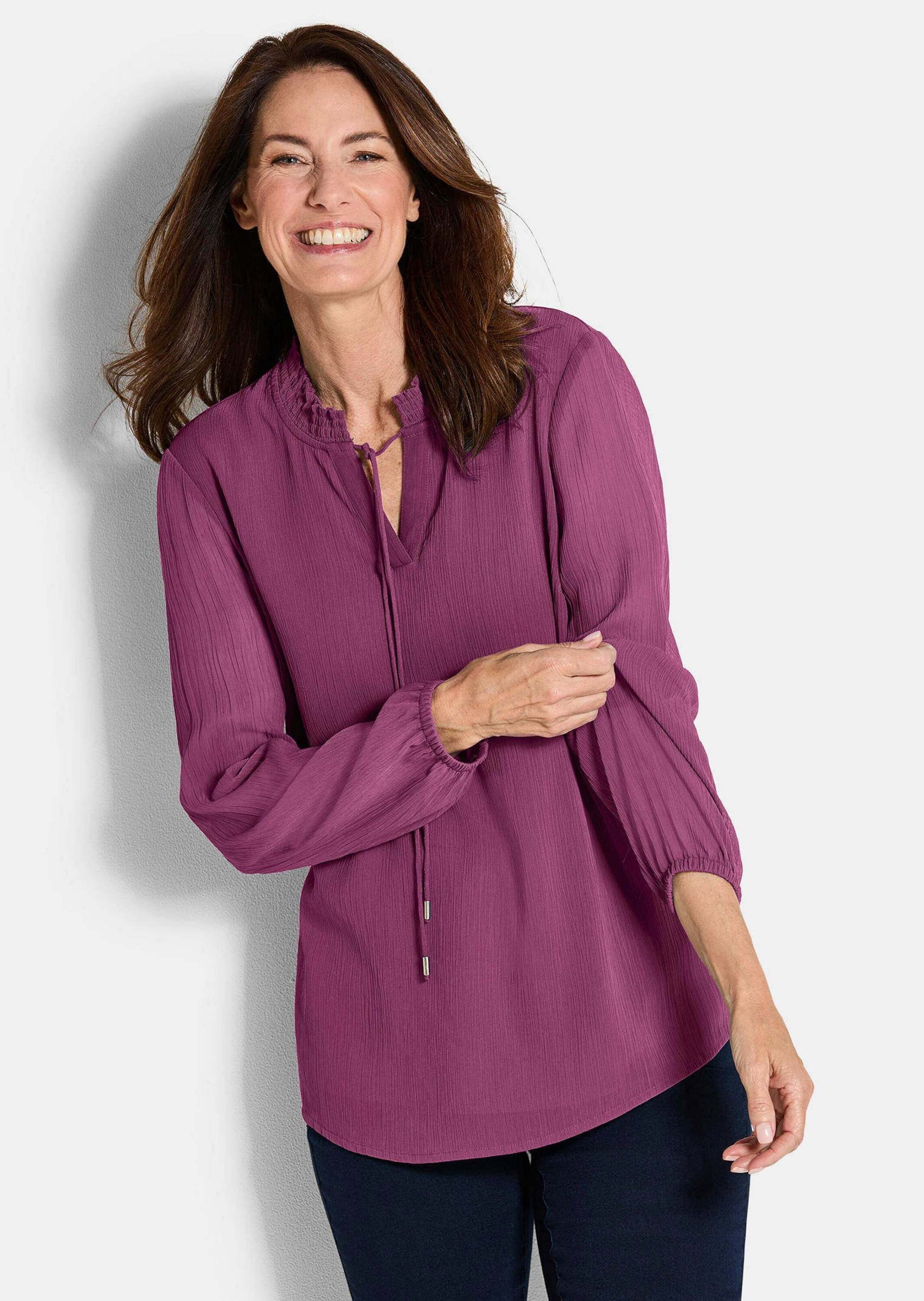 GOLDNER Chiffonbluse Elegante Jersey-Bluse mit Rundhals Viskosebluse mit Rundhalsausschnitt und Langarm
