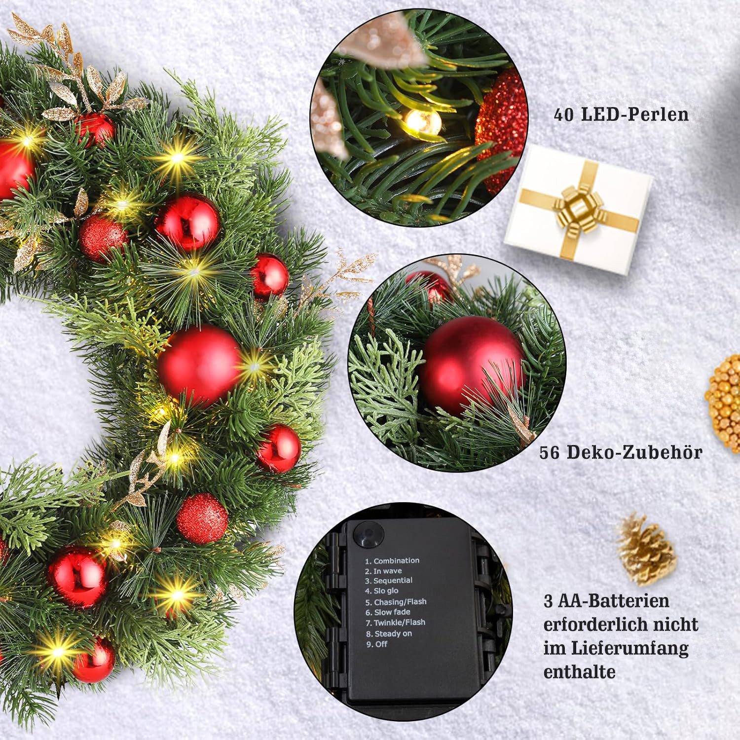 Kunstkranz weihnachtsdeko 40cm, Türkranz Weihnachten mit 40 LEDs, adventskranz, Quntis, adventskranz mit led & weihnachtskugeln rot, Weihnachtsdekoration