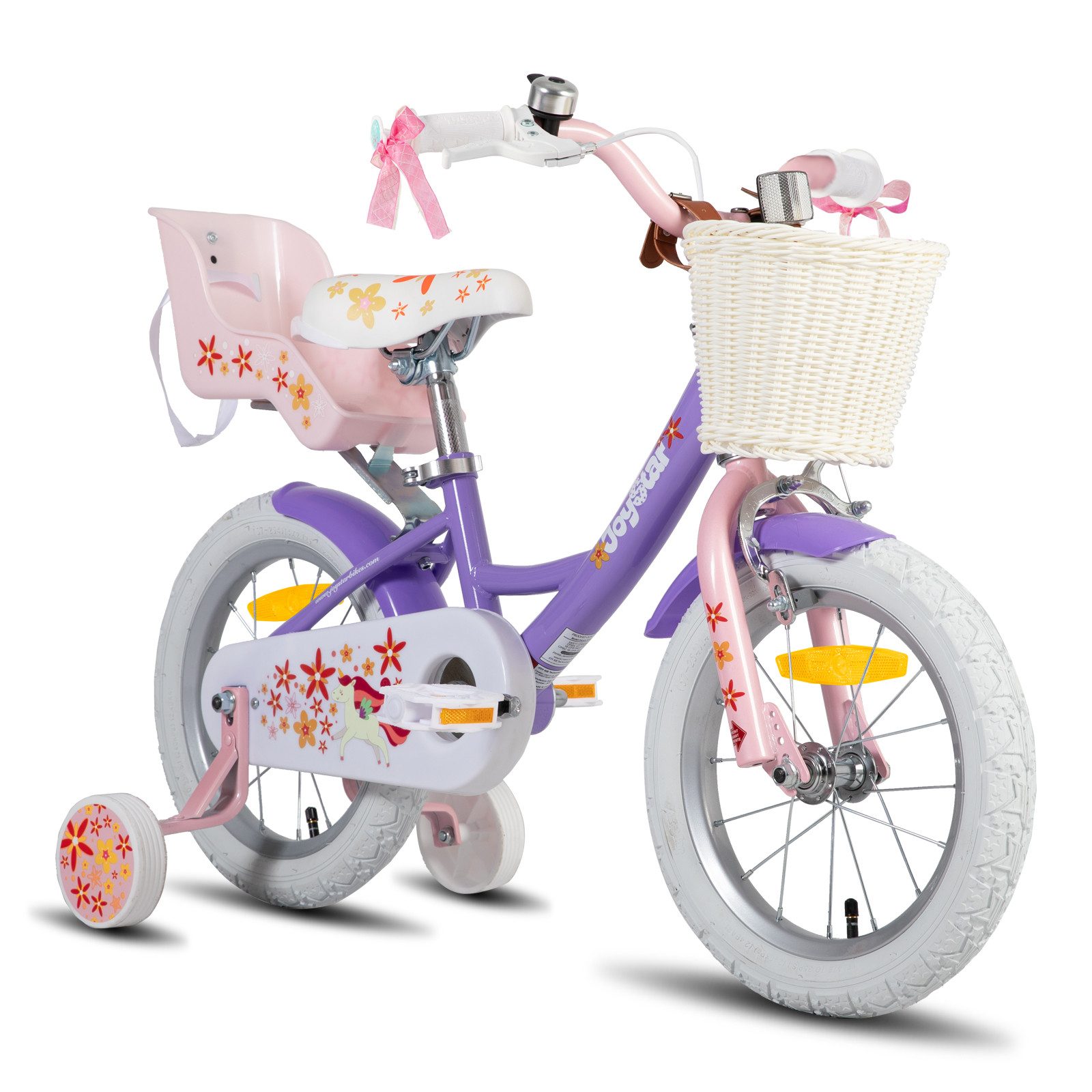 JOYSTAR Kinderfahrrad 12 14 16 18 Zoll Mädchenfahrrad, 3 - 9 Jahre, Geschenk für Prinzessin, 1 Gang, Puppenradsitz & Stützrädern& Korbstreamer, 18 Zoll mit Stützrädern