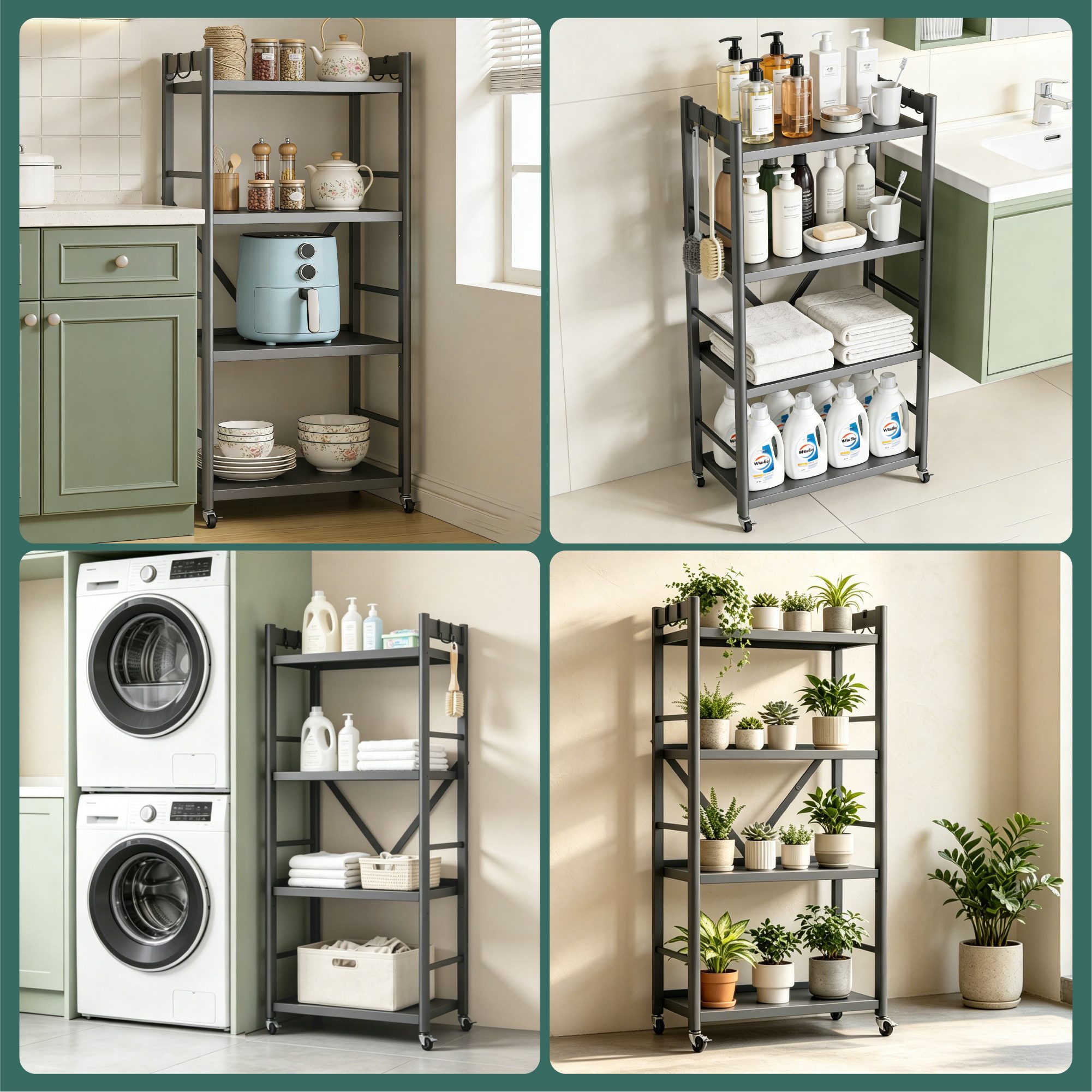 Mai & Mai Küchenregal Standregal 4 Ebenen 360° schwenkbare Lenkrollen 60x41x125cm Reglo-13, Lagerregal 4 Ebenen 4 Haken Modern-Design, für Küche – Bild 5 von 5