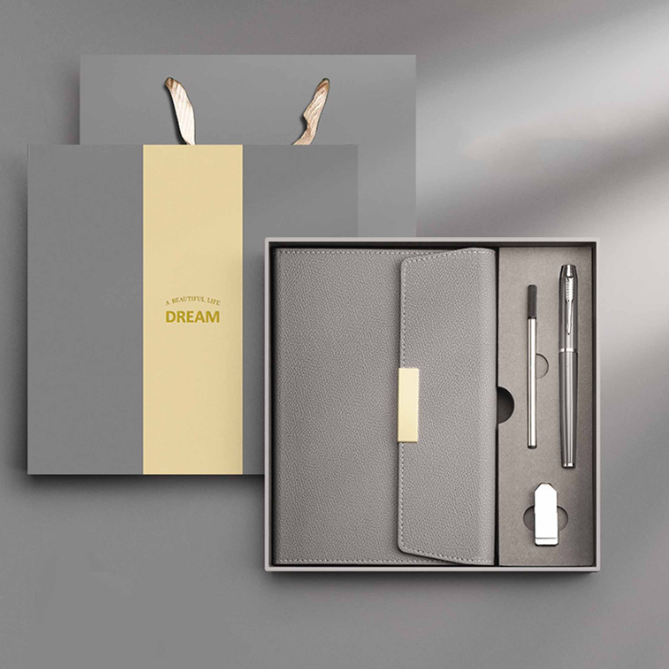 feinlux Notizbuch Business-Notizbuch-Geschenkset mit drei Falten, 80g Schreibpapier, Elastischer Stifthalter, Fadenheftung