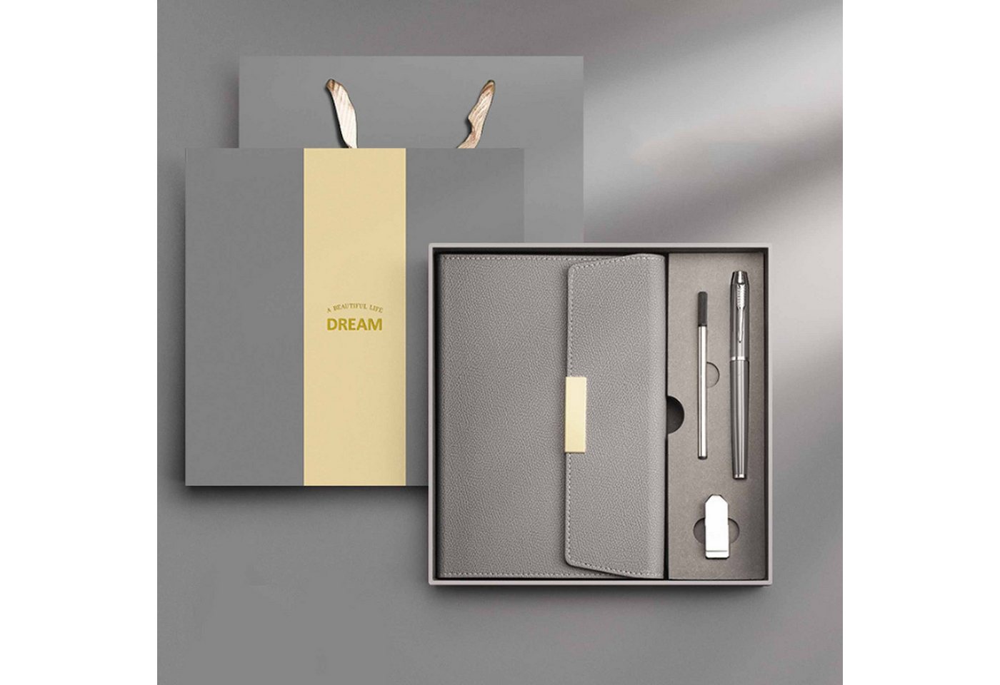feinlux Notizbuch Business-Notizbuch-Geschenkset mit drei Falten, 80g Schreibpapier, Elastischer Stifthalter, Fadenheftung