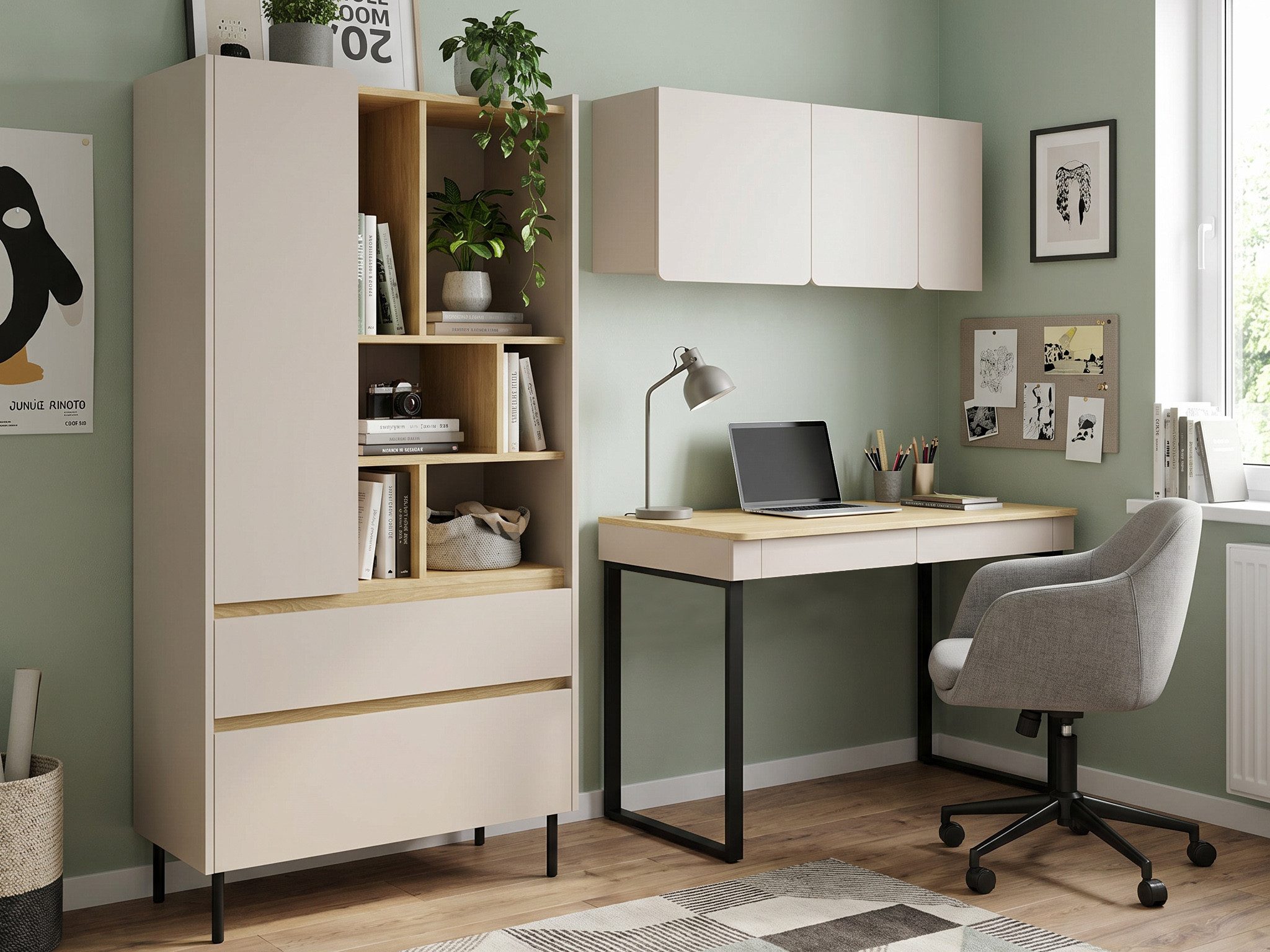 Beautysofa Jugendzimmer-Set LICO im modernen Stil, grifflos, (Kinderzimmer Möbel, Bücherregal Schreibtisch Hängeregal), Farben Sandbeige oder Eukalyptus