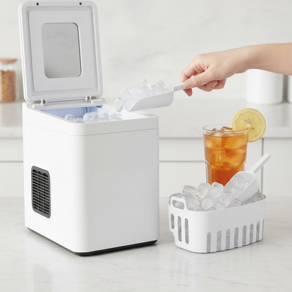 kowdom Eismaschine Selbstreinigende Eiswürfelmaschine leise, kompakt, 2 Eisgrößen, weiß, Selbstreinigend, 2 Eisgrößen, LED-Anzeige, Leise, Kompakt