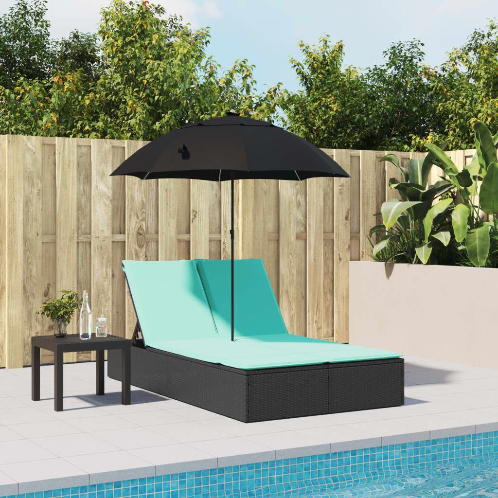 vidaXL Gartenliege Doppel-Sonnenliege mit Kissen&Sonnenschirm Schwarz Poly Rattan, 1 St.
