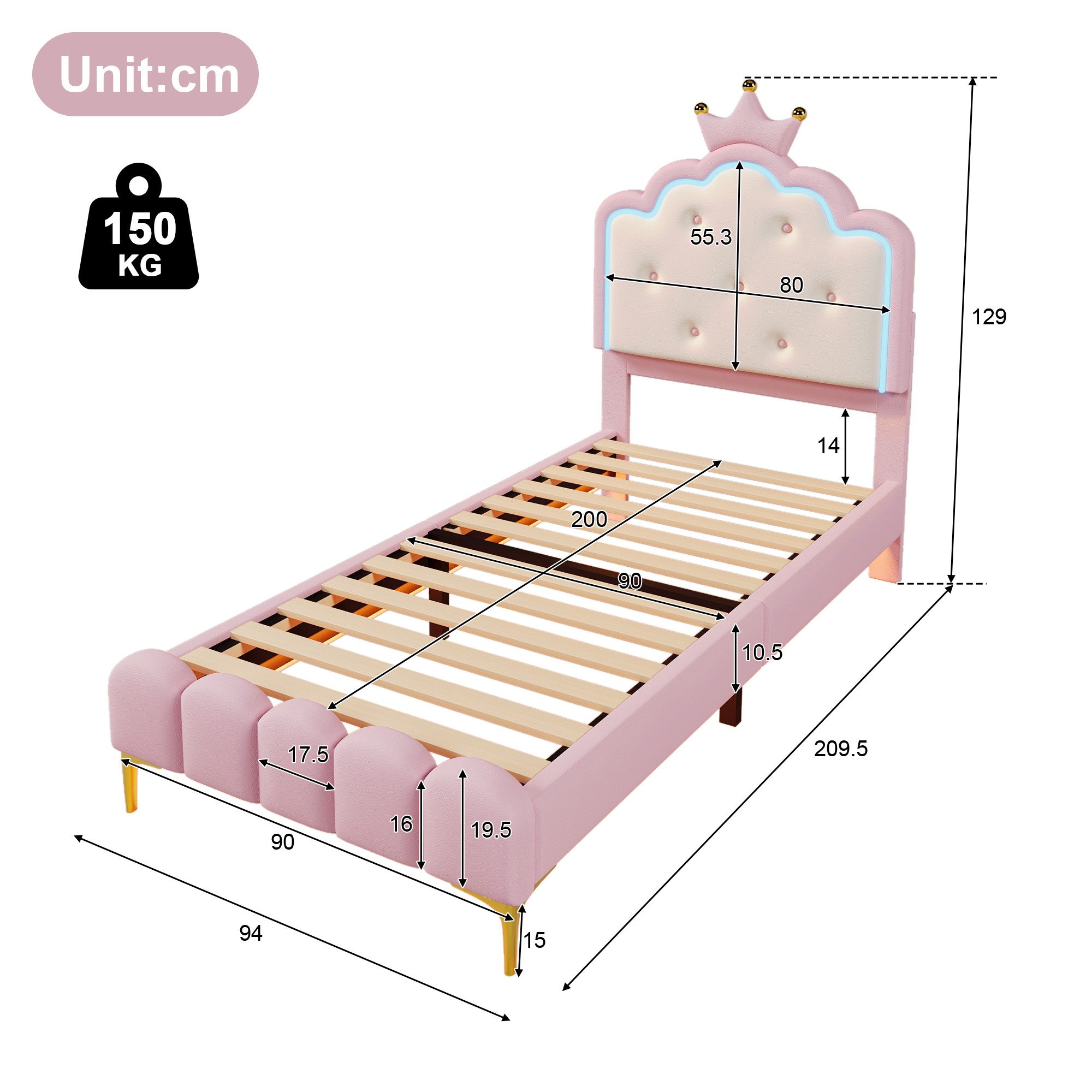 Flieks Polsterbett, LED Prinzessinnenbett Kinderbett 90x200cm mit Krone-Design-Kopfteil