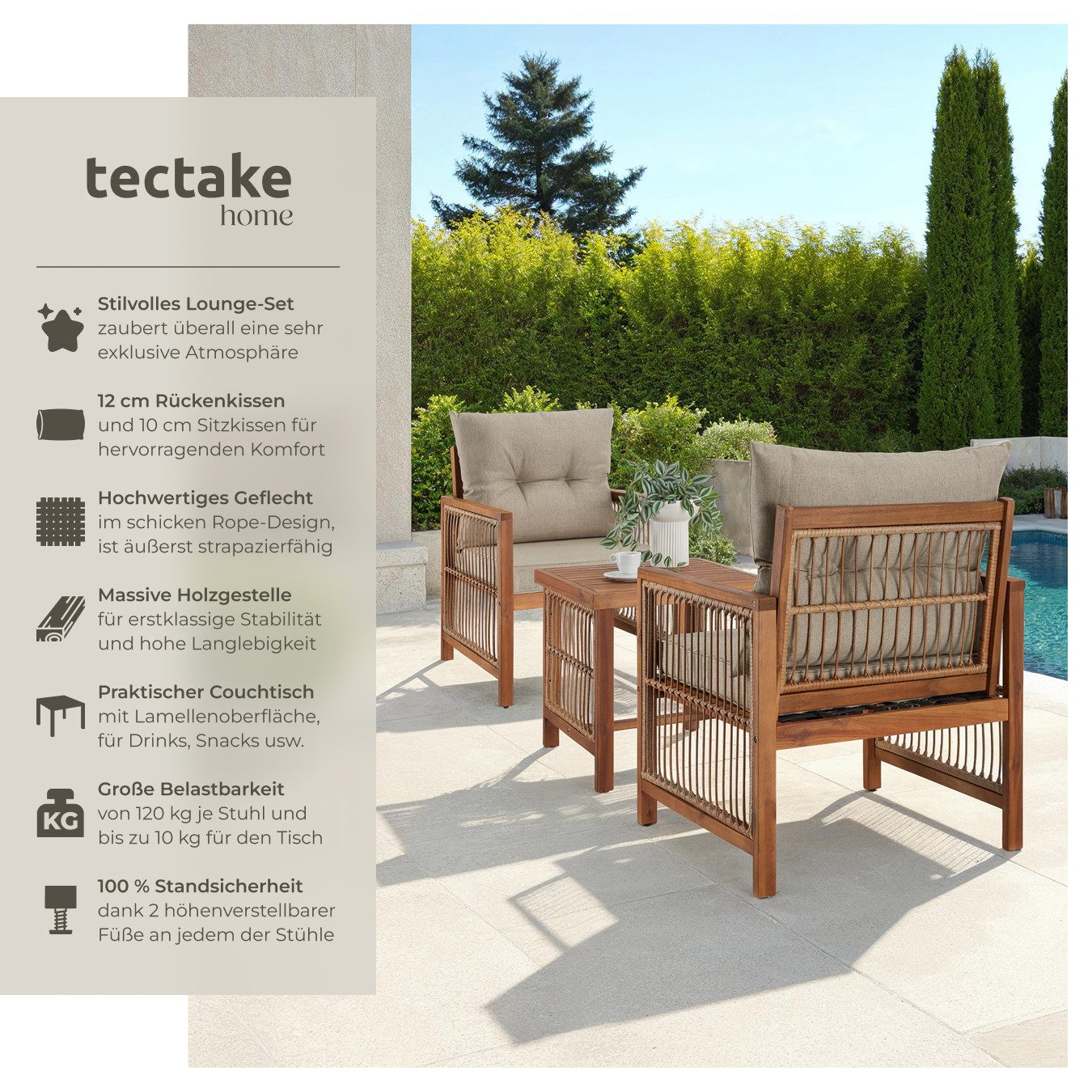 tectake Essgruppe Lounge-Set, wasserabweisende, abnehmbare Polyesterbezüge, (Sitzgruppe Eivissa, 3-tlg., Rope-Design in natur), Polsterdicke 10 cm, belastbar und wetterfest