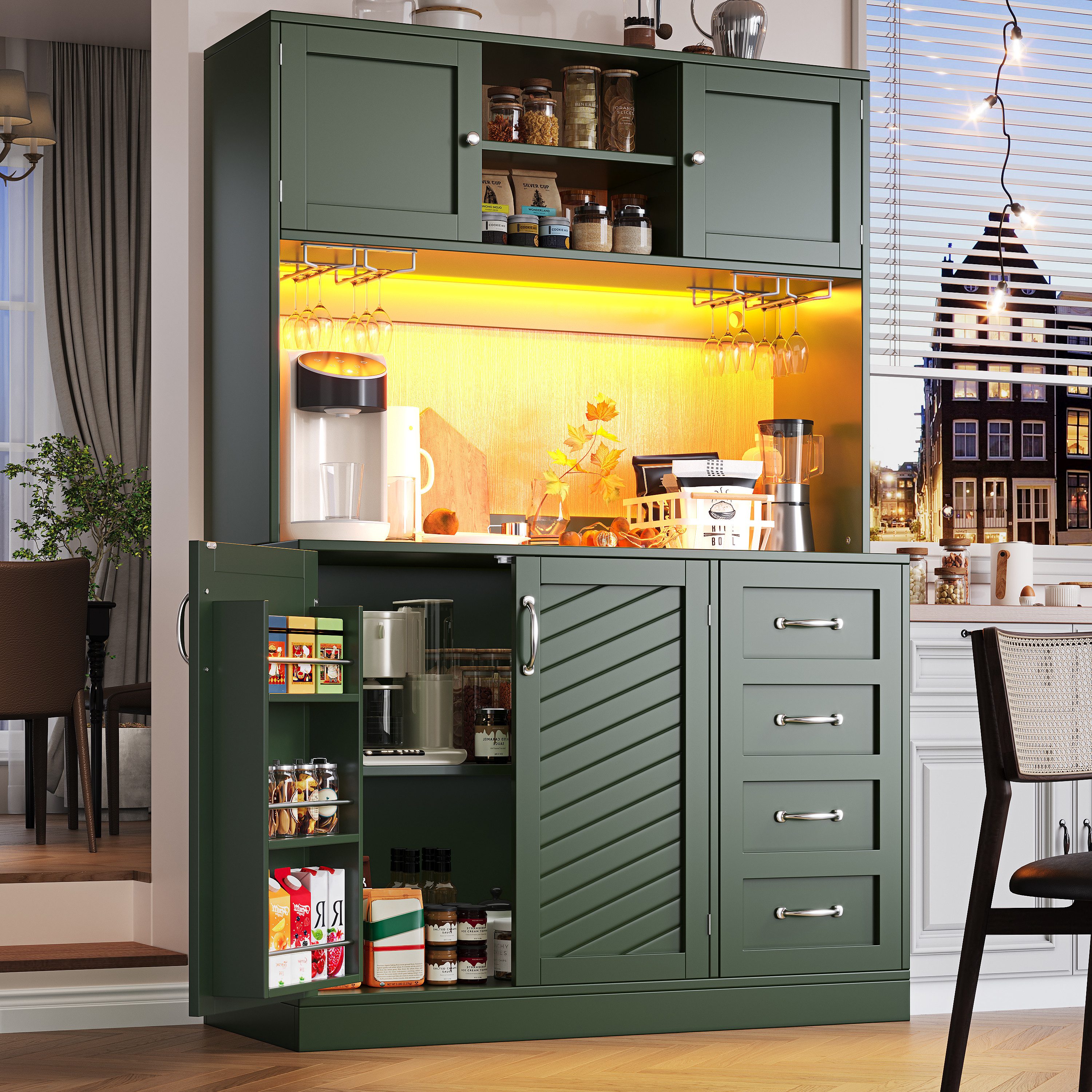 OKWISH Hochschrank Seitenboard (mit LED-Beleuchtung, Snackregal & Getränkehaltern, 4 Türen & 2 große Schubladen, 1-St., 120*40*188cm(L x B x H)
