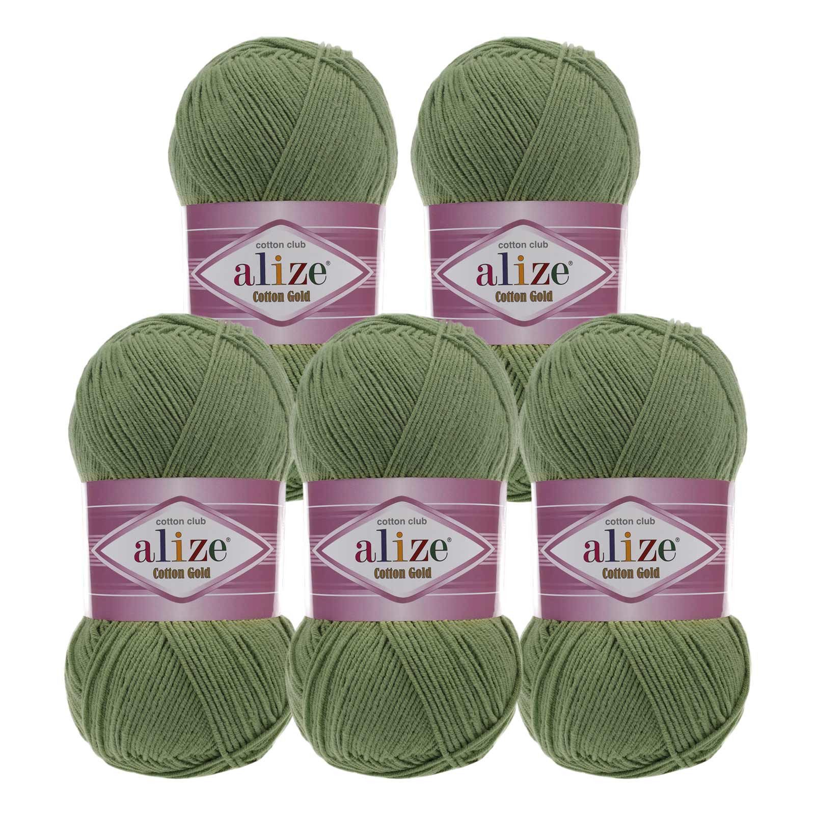 Alize 5 x 100g Strickgarn Alize Cotton Gold Uni Klassikgarn Häkelgarn Häkelwolle, 1650 m, 485 army grün