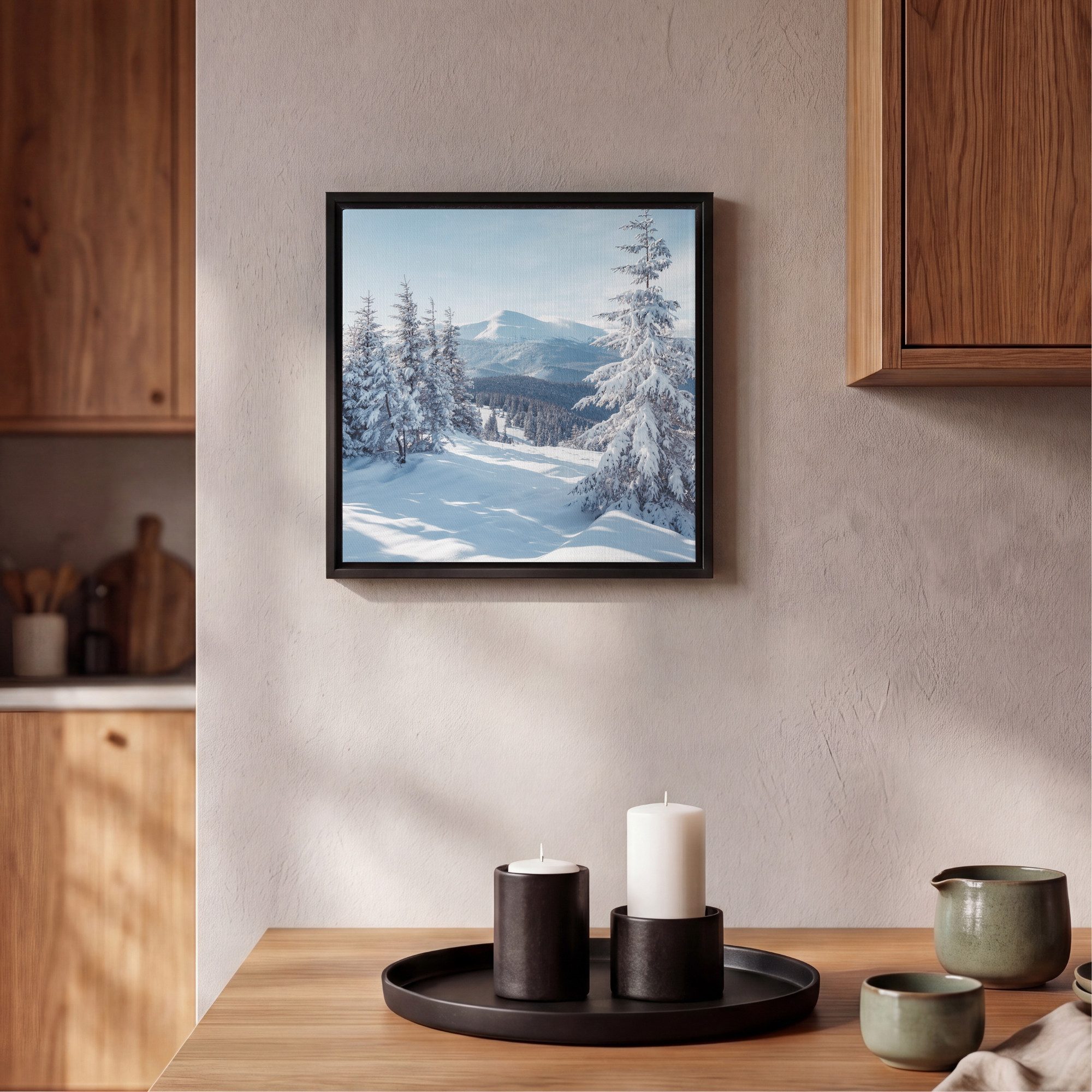 OneMillionCanvasses® Leinwandbild mit Rahmen - Winterlandschaft - Natur - Berge - Bäume - Schnee, Fotodruck (1 St), Leinwand Bilder Klein, Wand Dekoration Aesthetic 20x20cm