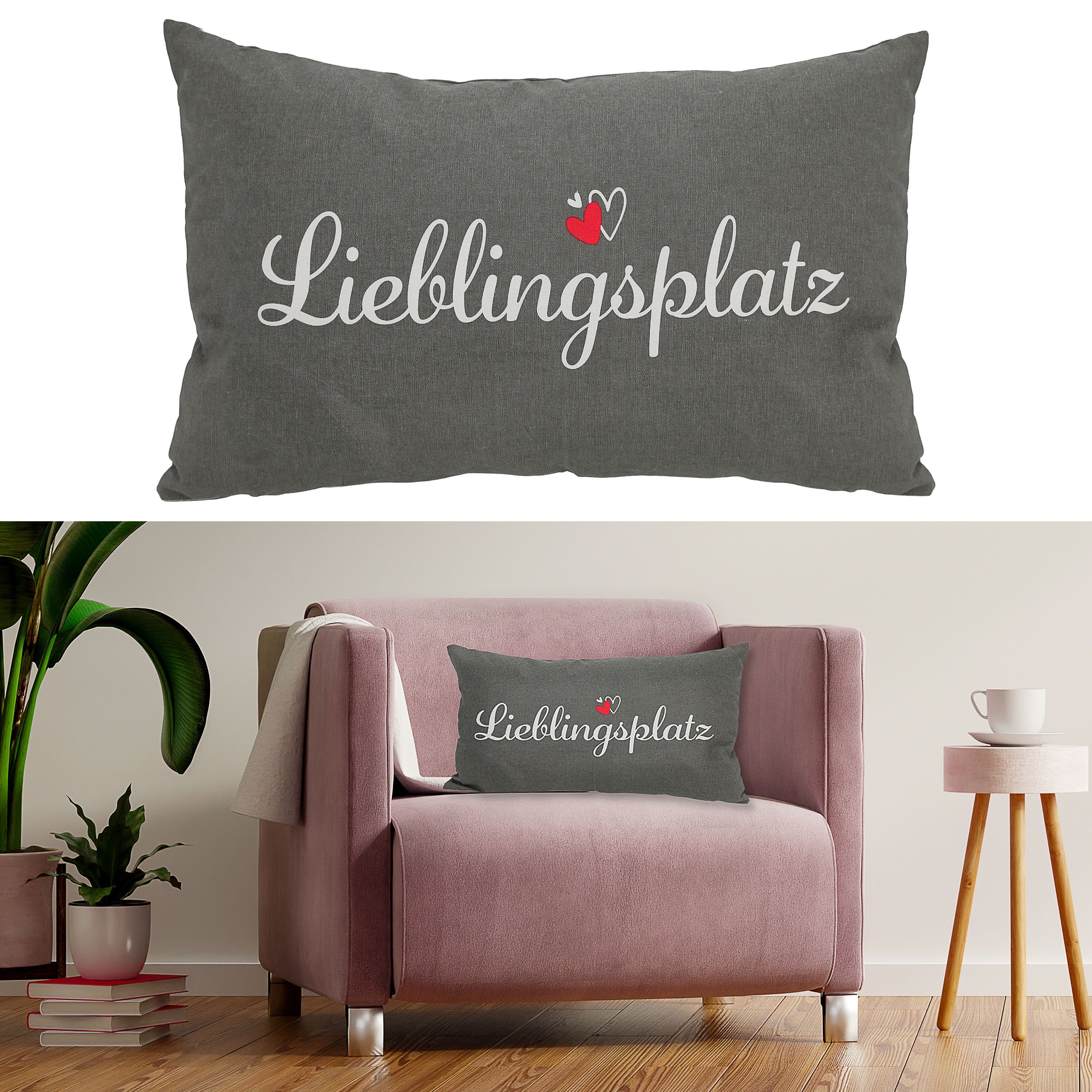 Lieblingsplatz Herz Kuschelkissen grau Sofakissen CEPEWA Dekokissen