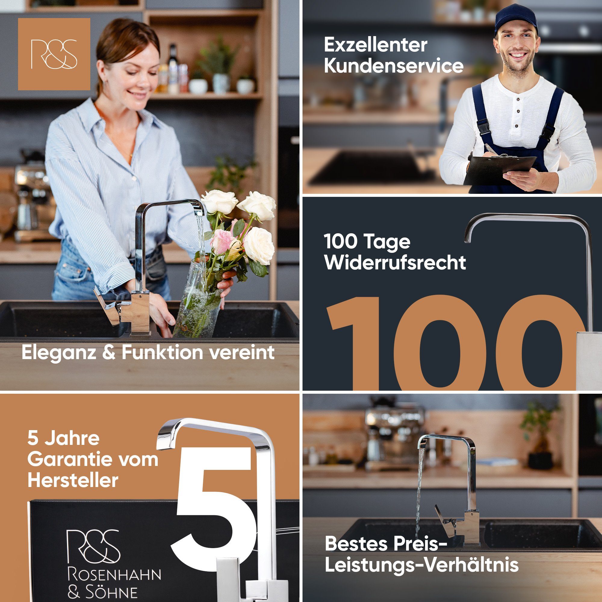 Rosenhahn & Söhne Langlebige Juist bleifrei, Küchenarmatur Anlaufbeständig Keramikkartusche, drehbar, 200 360°