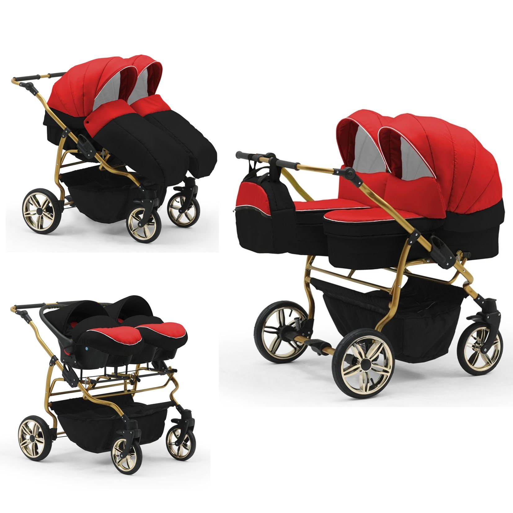 babies-on-wheels Zwillingswagen Duet Lux Gold 3 in 1 inkl. Autositze - 13 Teile - in 33 Farben Rot-Schwarz