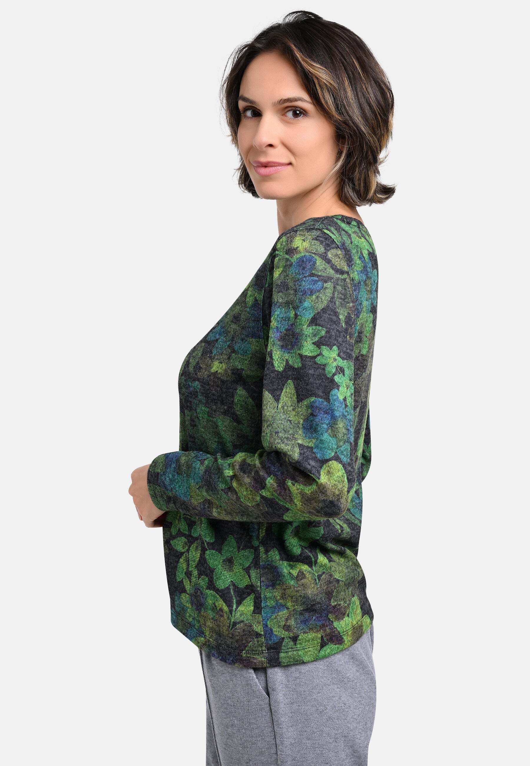 BICALLA T-Shirt Feinstrick-Shirt mit Blüten-Print in Grün/Anthrazit (1-tlg) günstig online kaufen