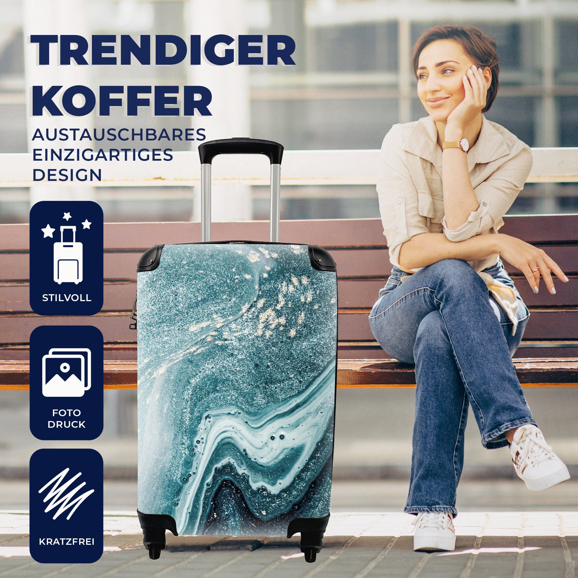 Edelsteine Reisetasche Trolley, Natur - MuchoWow Reisekoffer mit - Ferien, für - Handgepäckkoffer Blau Marmor Handgepäck rollen, - 4 Abstrakt, Rollen,