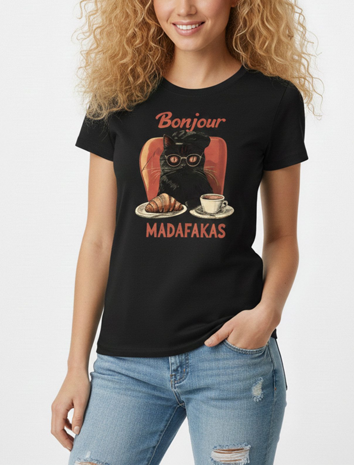 MAKAYA Print-Shirt Schwarzes Damen Top – Lustige Katze mit französischem Spruch (Schwarz, S, M, L, XL) Baumwolle