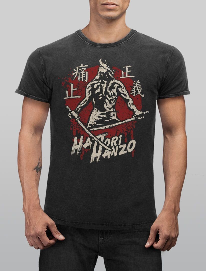 Neverless Print-Shirt Herren Vintage Schriftzeichen Neverless® Used japanische Hattori Schwert Schriftzug Hanzo Look mit Print Shirt schwarz Samurai