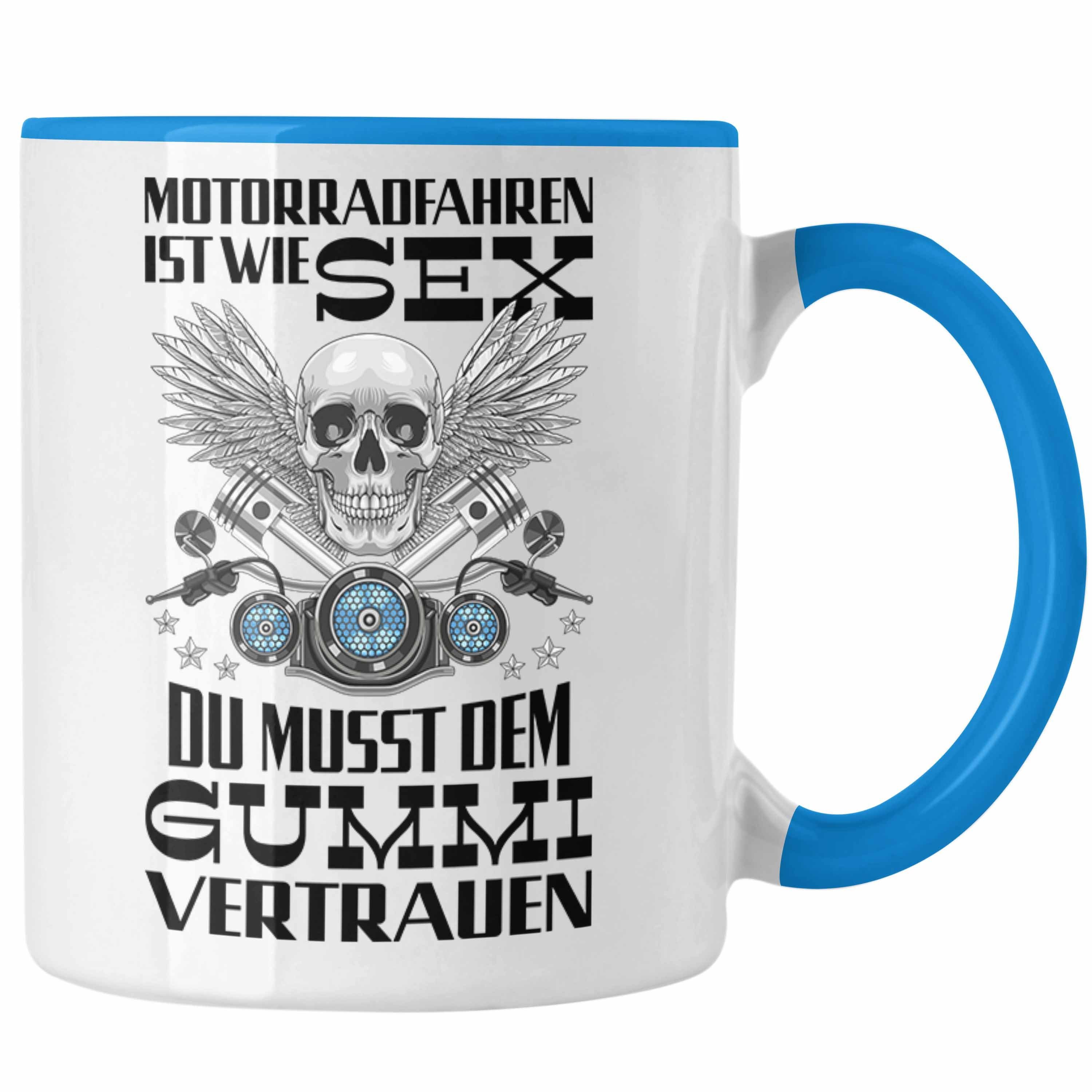 Trendation Tasse Trendation - Motorradfahrer Geschenk für Männer Motorrad Tasse mit Spruch Kaffeetasse für Biker Herren Papa Blau