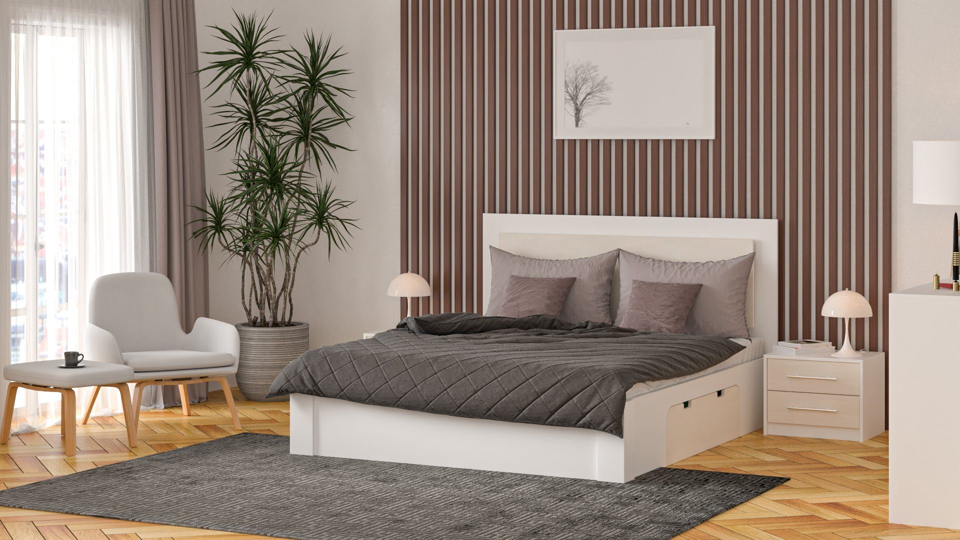 Siblo Bett »Modernes Doppelbett Aurora 200x160 cm mit Schublade und hohem  Kopfteil - LED-Panels - Doppelbetten - Holzrahmen -«, Möbelplatte