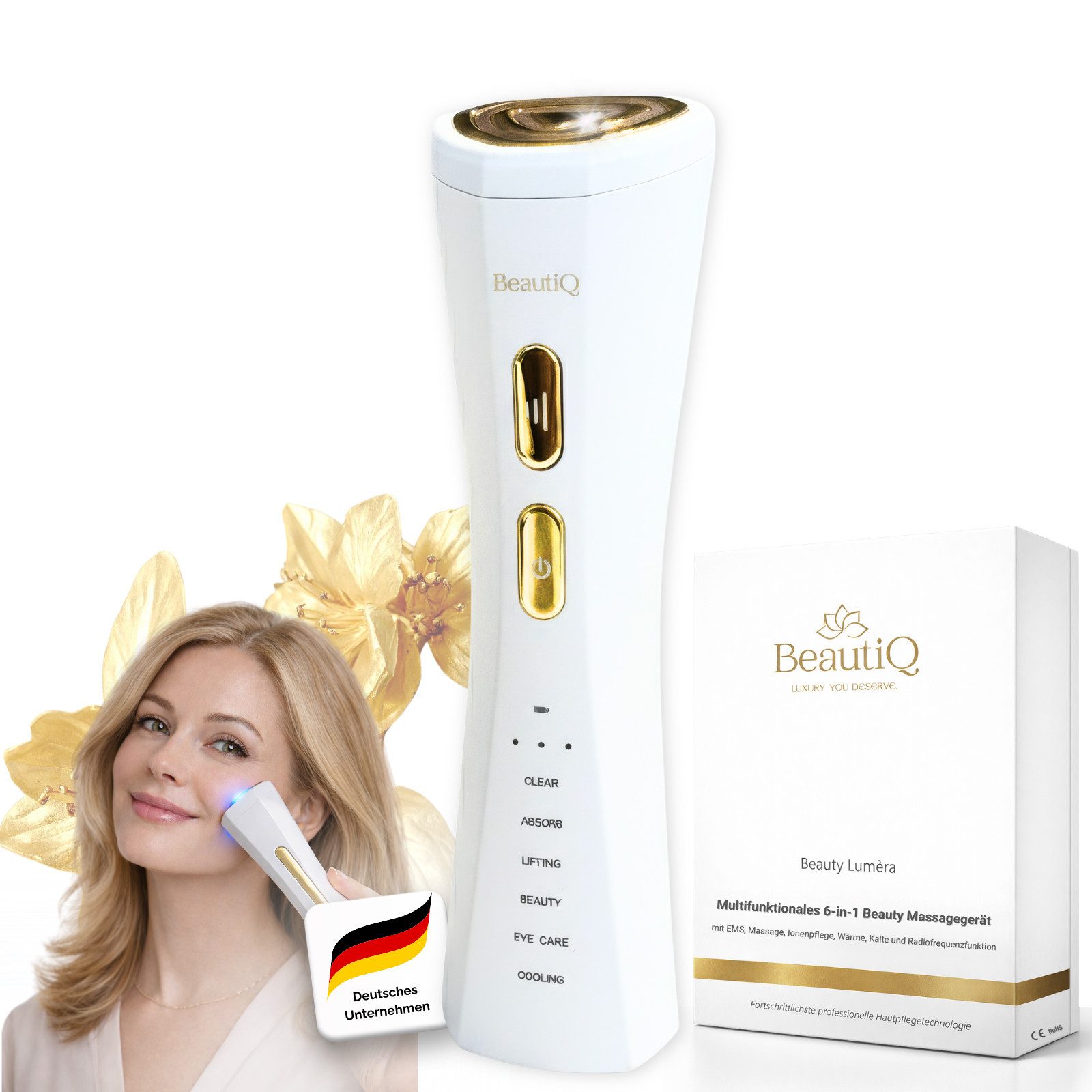 BeautiQ Gesichtsmassagegerät Lumèra PRO 6 in 1 [Beauty-Neuheit], EMS, Anti-Aging Innovation, Full Inclusive Beauty Set, EMS, Radiofrequenz, LED-Lichttherapie, Vibration, Tiefenreinigung, Lifting-Modus, Augenpflege, Kühlung, Anti-Aging