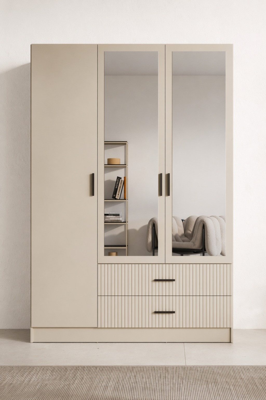 OTTO home Kleiderschrank TERRIK, modern mit viel Stauraum & geriffelter Struktur, Spiegel (B/H/T ca. 150/200/60 cm) Garderobe mit 6 Fächern, Kleiderstange, 2 Schubladen, Made in EU