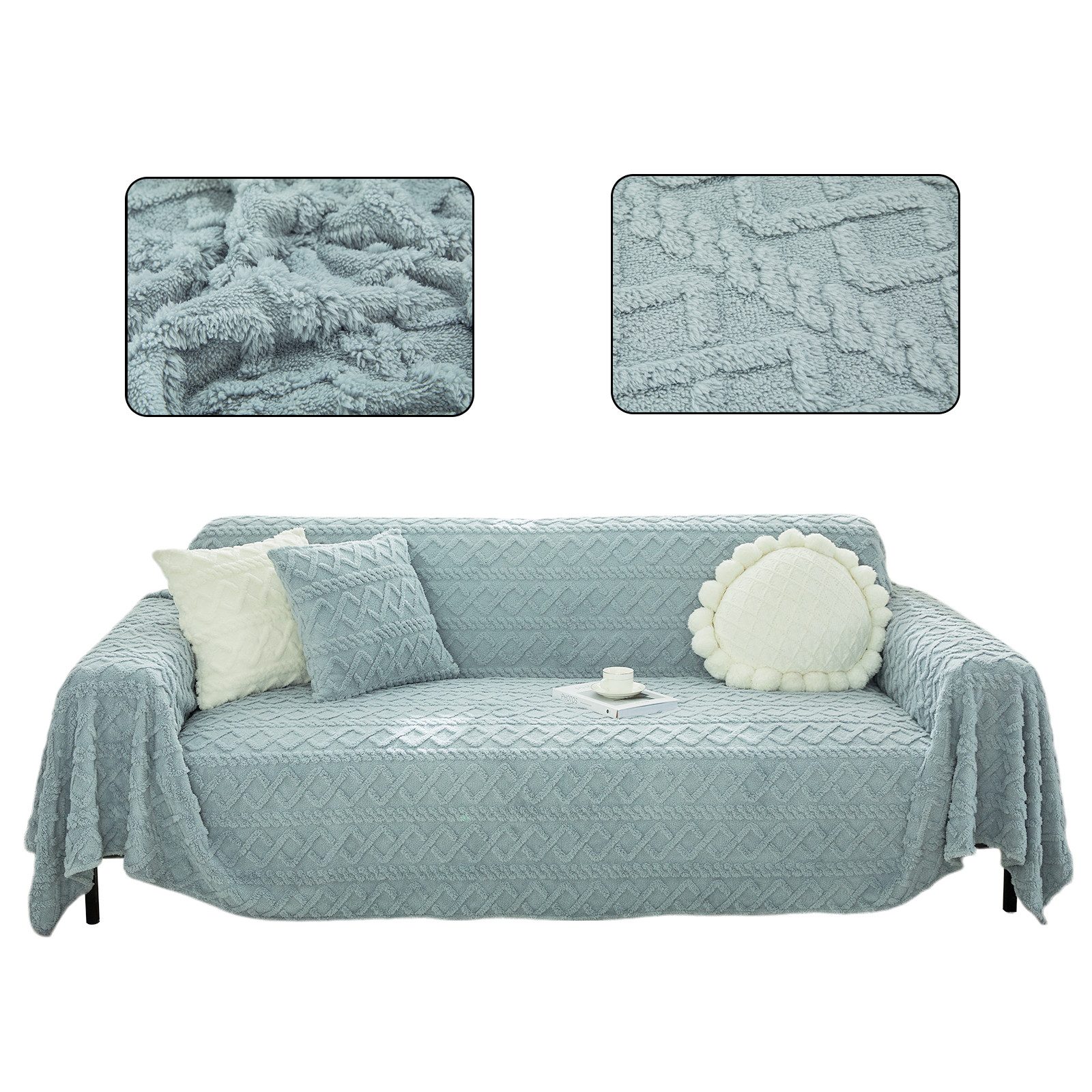 Rosnek Sofaschoner Plüsch Sofa Überzug Sofabezug Sofadecke Schonbezug 1 2 3 4 Sitzer, 280g/ Verdickt Geometrisch Jacquard Blau Rechteckig 180x180cm