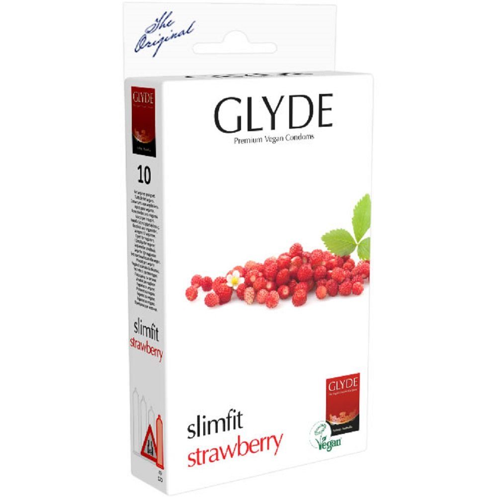 Glyde Kondome Glyde Ultra «Slimfit Strawberry» schmale vegane Erdbeer-Kondome Packung mit, 10 St., Zertifiziert mit der Veganblume, Gefühlsecht & Reißfest