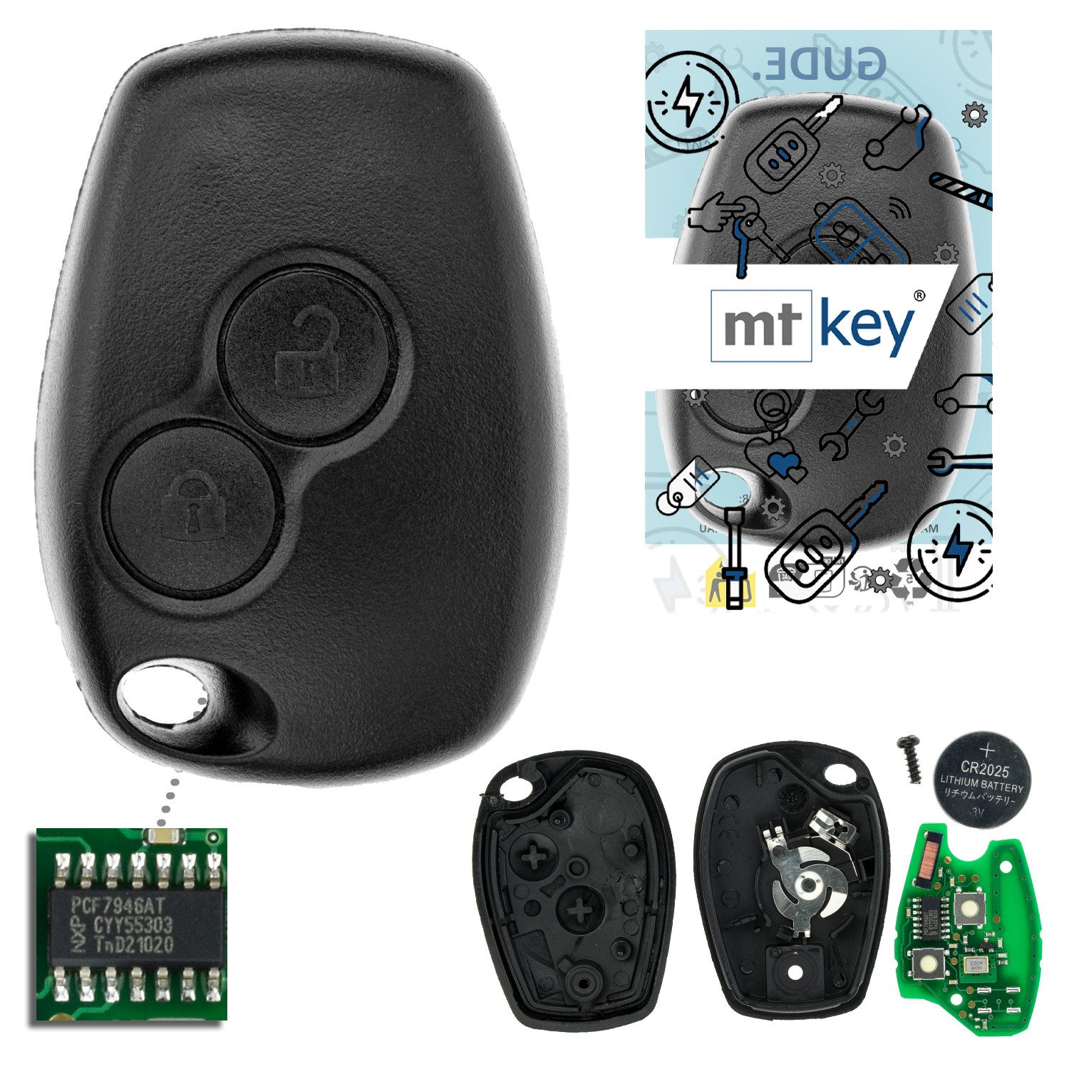 mt-key Schlüsseltasche 2 Tasten Auto Fernbedienung Funk Schlüssel 434MHZ (Set), für Dacia Duster (I, 13–18); Lodgy (JS I, 12–22); Logan (L8 II, 13...