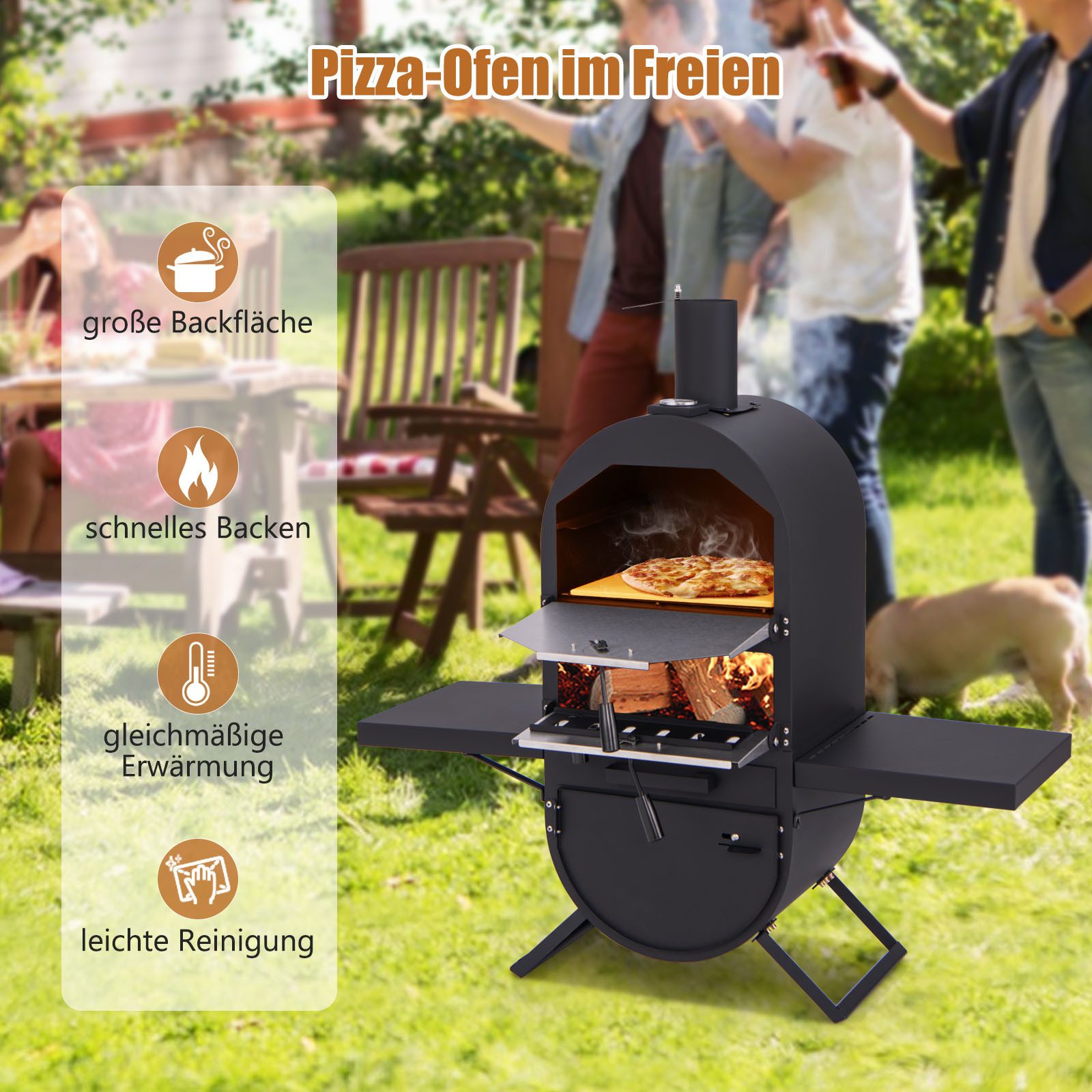 KOMFOTTEU Pizzaofen, Pizzabäcker mit 31 cm Pizzastein, mit 2 Seitentischen