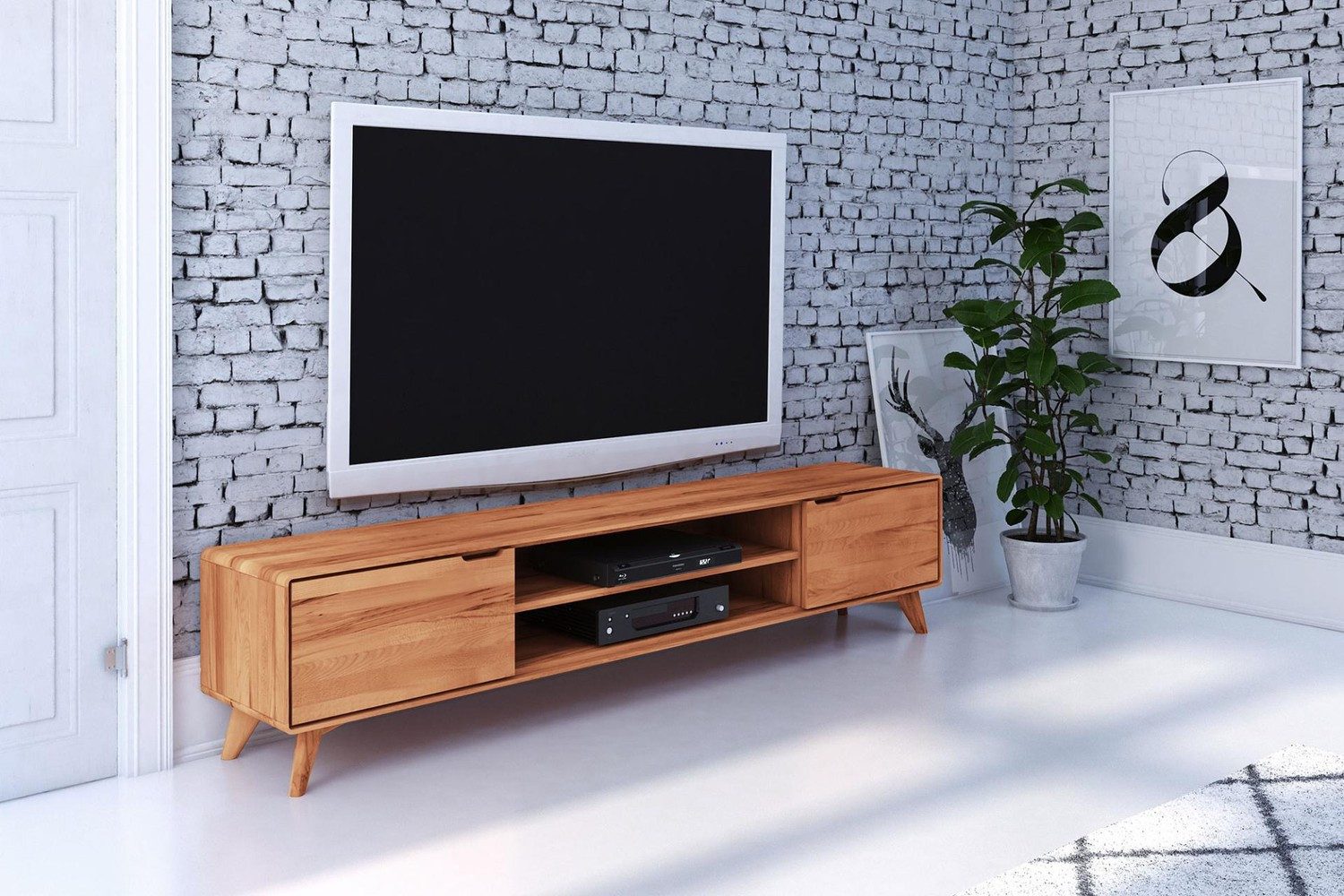 Natur24 Lowboard TV-Board Gerg Kernbuche 220x40x48 mit 2 Türen und 2 offenen Fächern