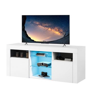EXTSUD TV-Schrank LED-TV-Schrank mit 2 Schränken und 5 offenen Regalen Einstellbares LED-System, Kabelführungslöcher, UV-Karton