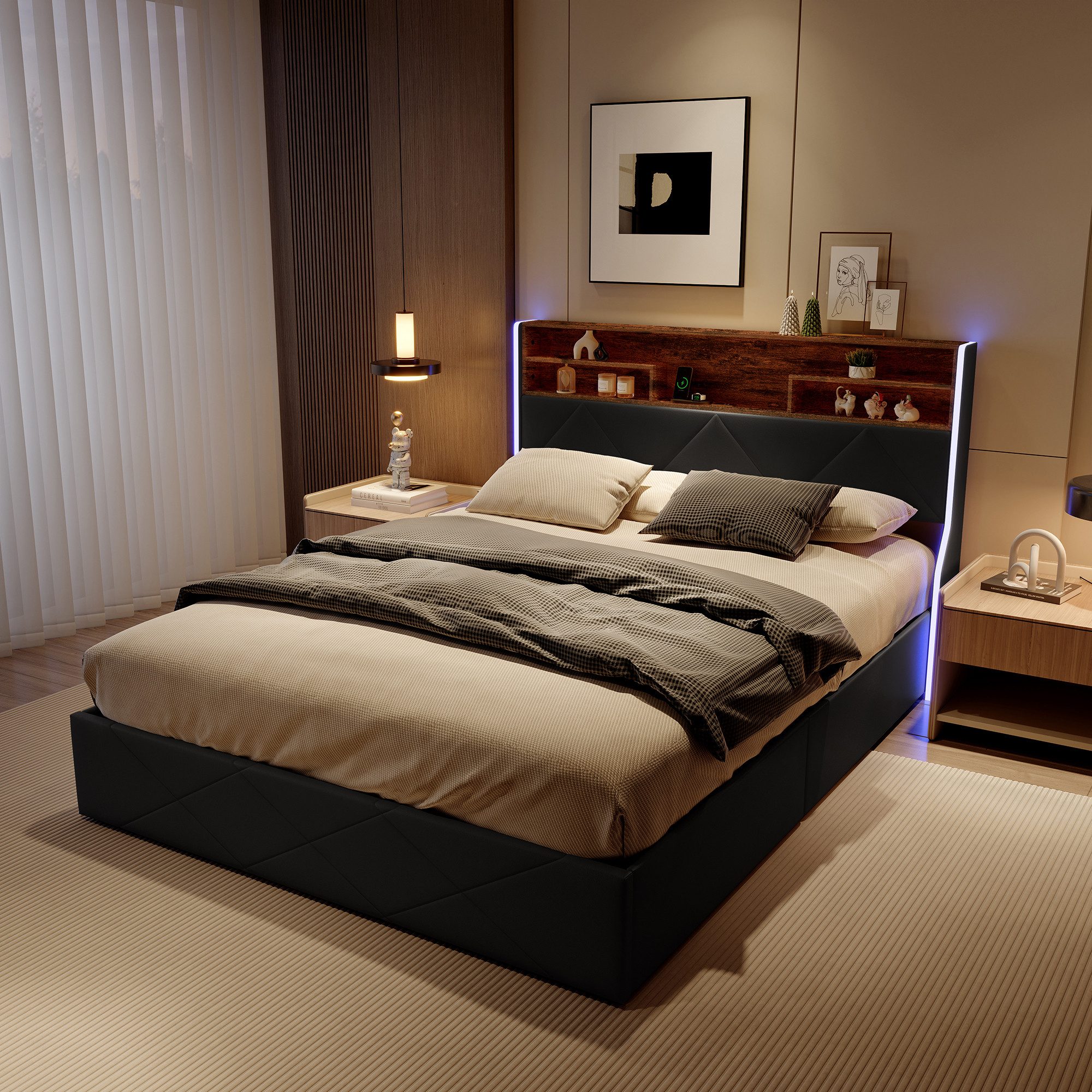 PXloue Funktionsbett Polsterbett, Hydraulisches Doppelbett, mit LED-Leisten günstig online kaufen