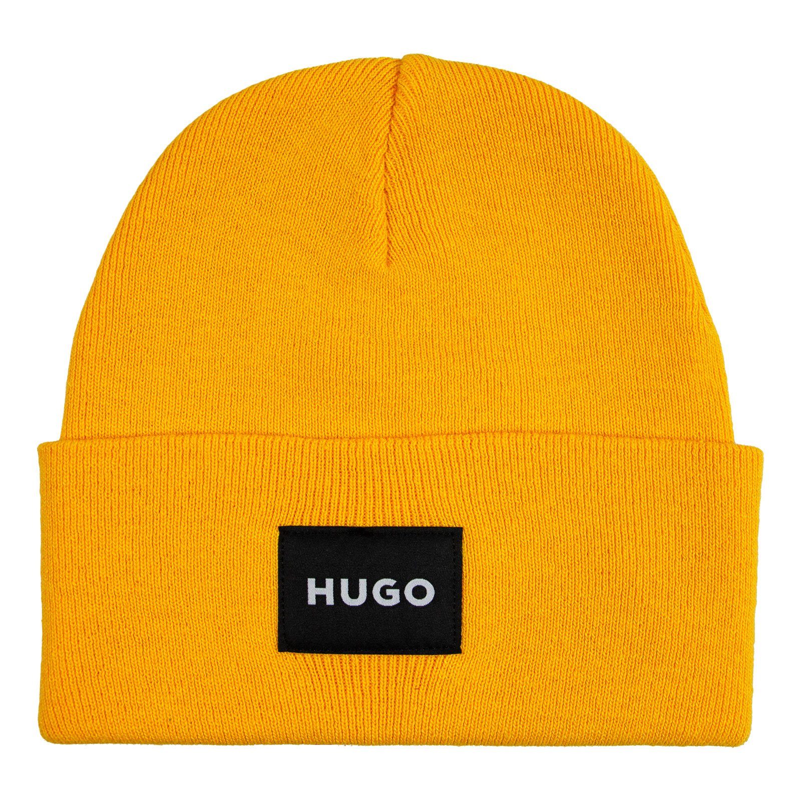 HUGO Strickmütze Xevon mit gelb Logo aufgenähtem