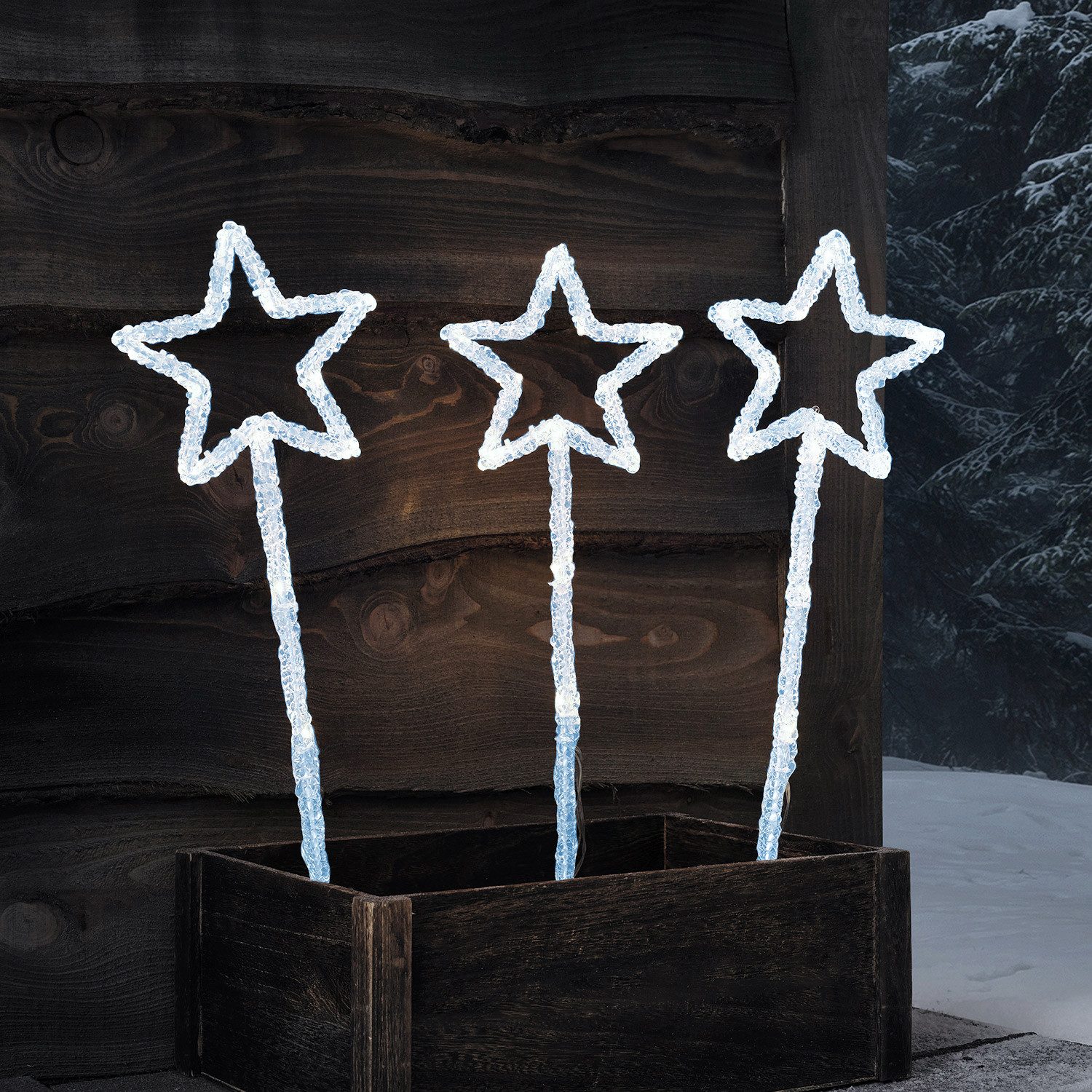 Lights4fun LED-Stern für außen 3er Set LED Stableuchten Sterne, LED fest integriert