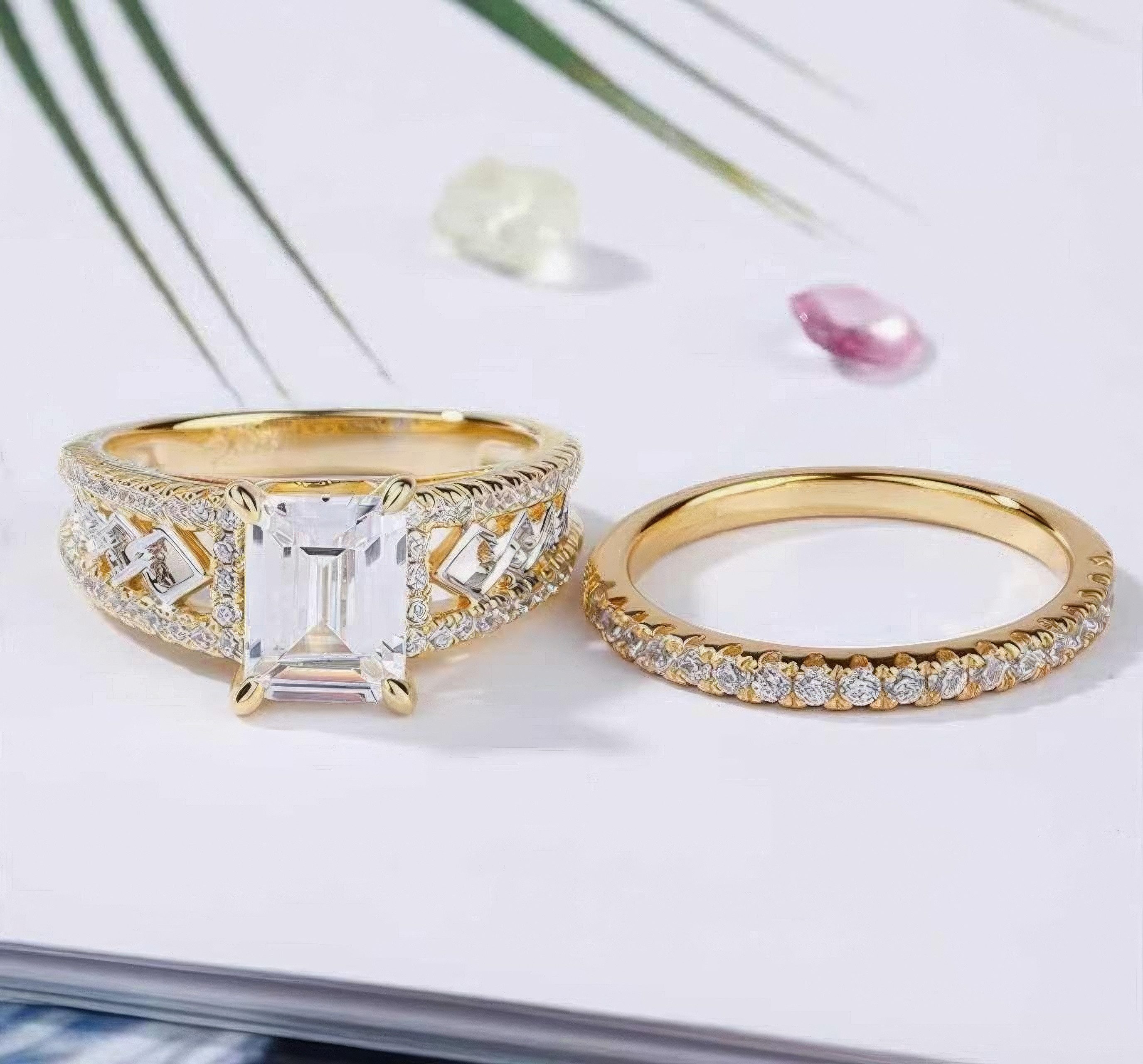 Jumpeak Diamantring Diamant-Ring-Set für Damen, ring gold damen 585 echtgold, labordiamant, geschenk für schwester geburtstag, 2ct D VS1 Emerald-Diamant