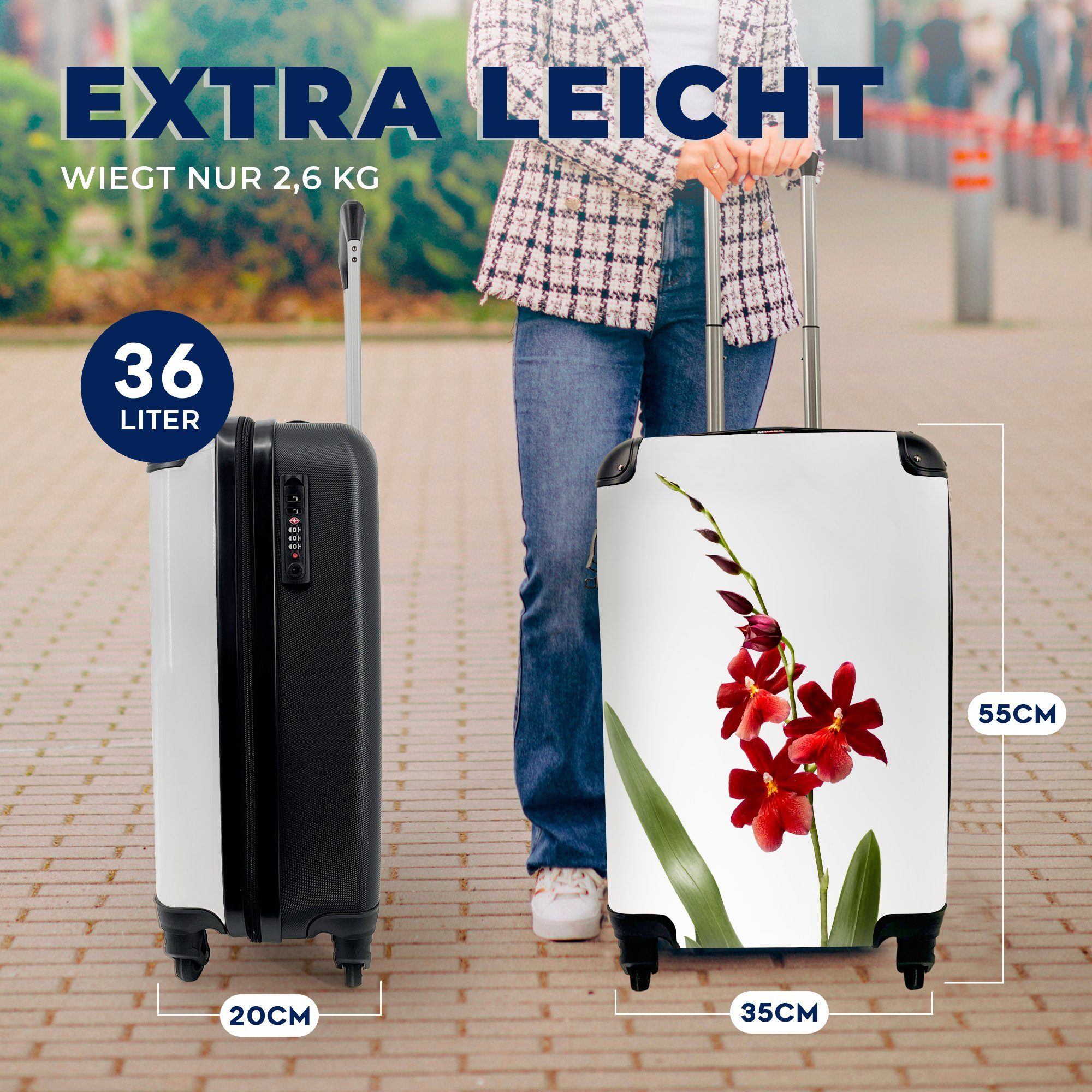 MuchoWow Handgepäckkoffer Rote Orchidee mit Blättern mit Hintergrund, für rollen, weißem Trolley, Ferien, Reisekoffer auf 4 Handgepäck Reisetasche Rollen