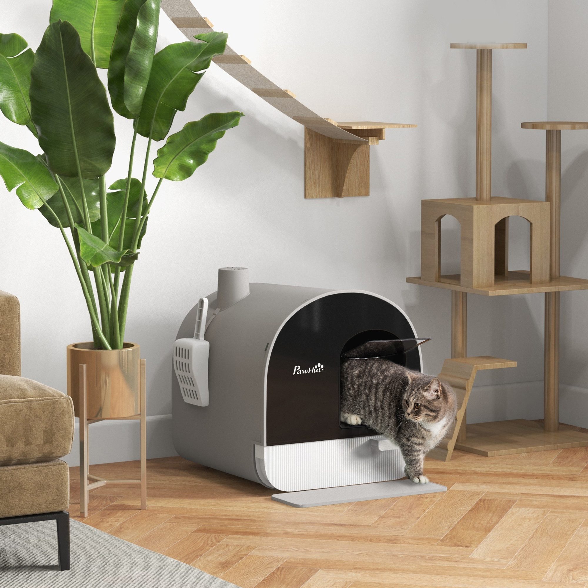 PawHut Katzentoilette Katzenklo mit Haube und Deckel Katzenstreu Matte Grau von PawHut