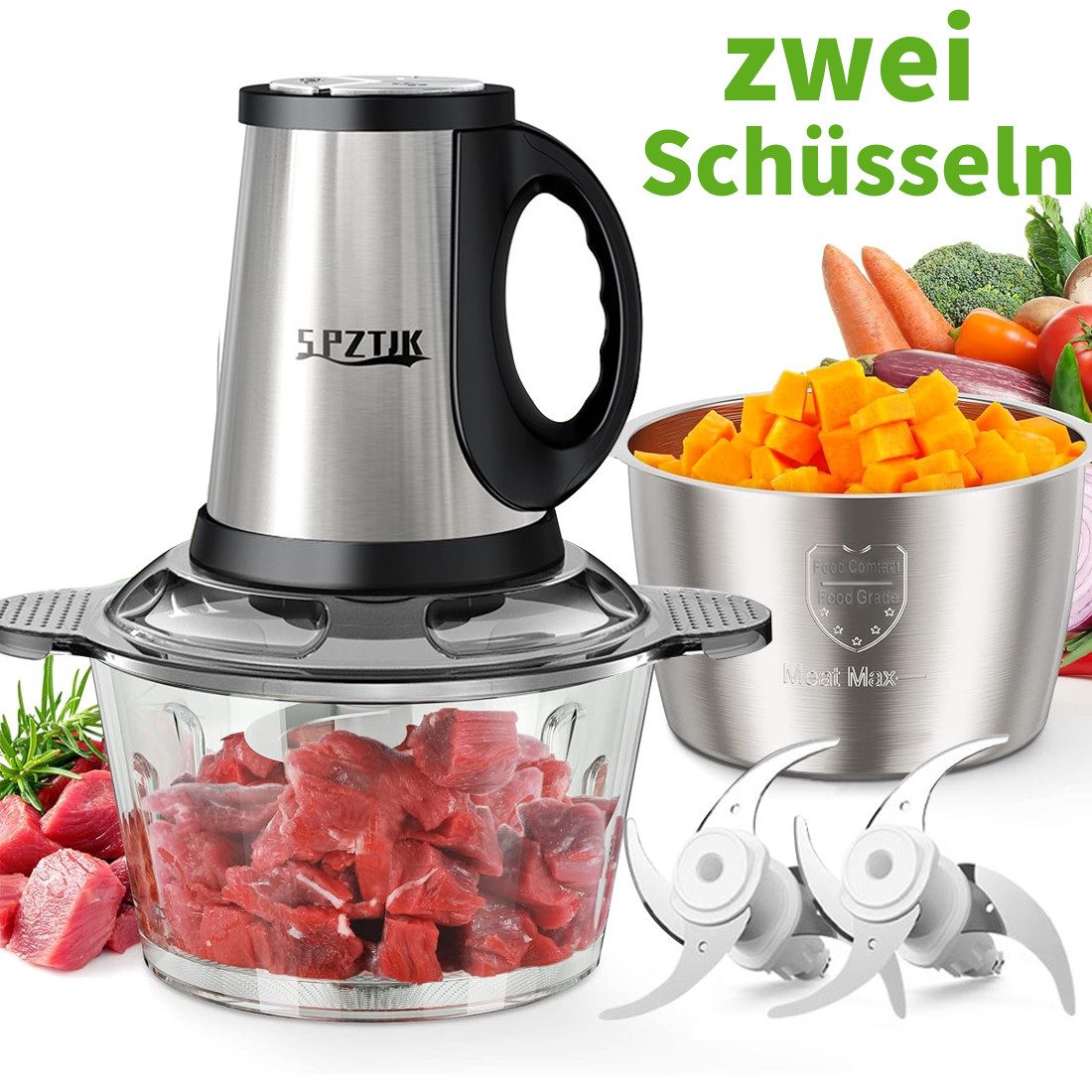 SPZTJK Zerkleinerer Elektrischer Fleisch‑Häcksler mit Glas‑ und Edelstahlschüssel, 300 W, 2 Sätze Klingen, Universal‑Küchenhelfer für Fleisch, Gemüse, Obst
