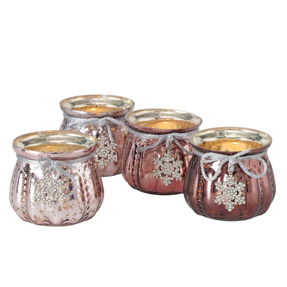 BOLTZE Teelichthalter (4 Schneeflocke Farben) Windlicht GLAMMY silber 4tlg. Bauernsilber Glitzer mit rosa