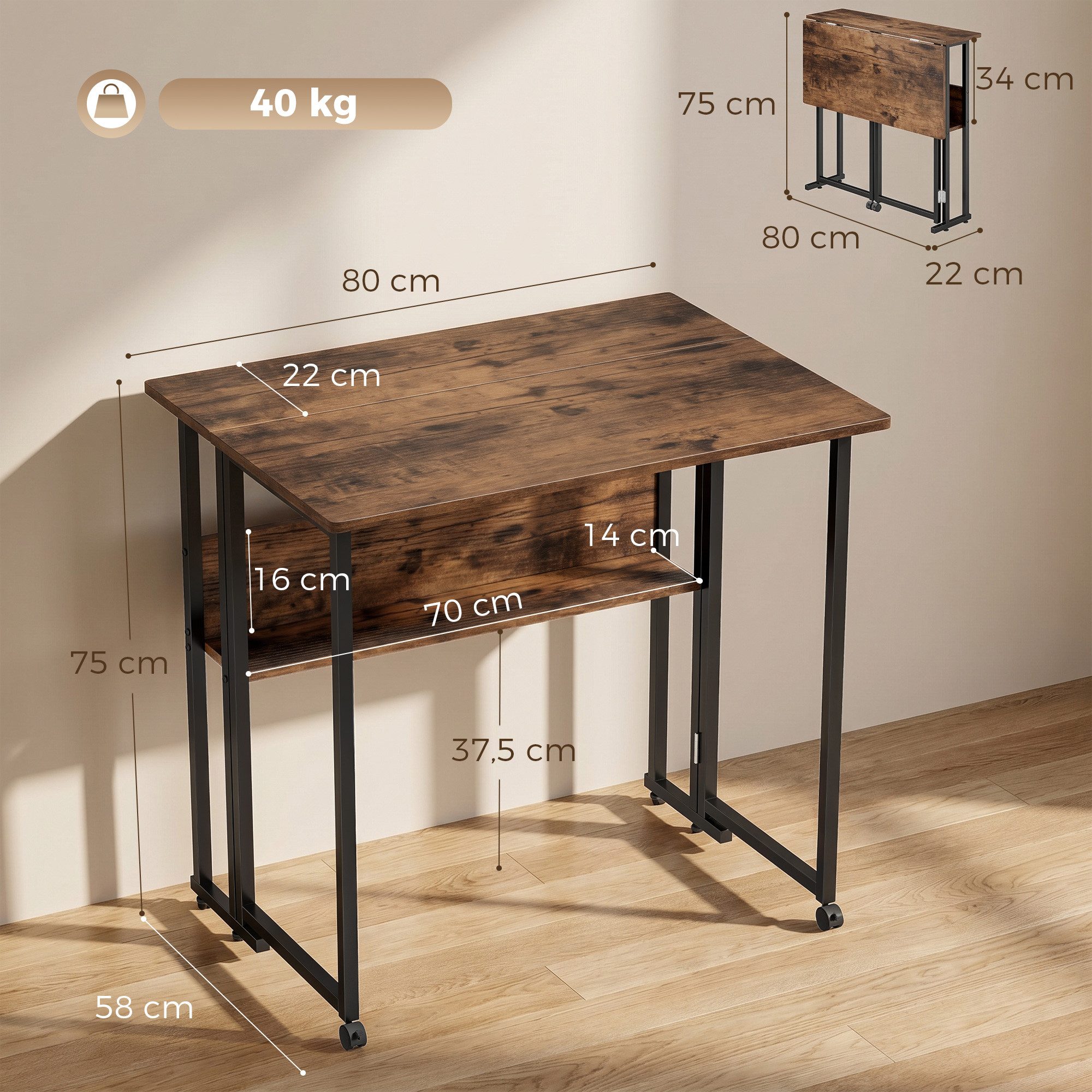 HOMCOM Schreibtisch 80 cm Klappbarer Computertisch mit Ablagefach (Klapptisch, 1-St., Bürotisch), für Homeoffice, Schlafzimmer, Rustikal-Braun