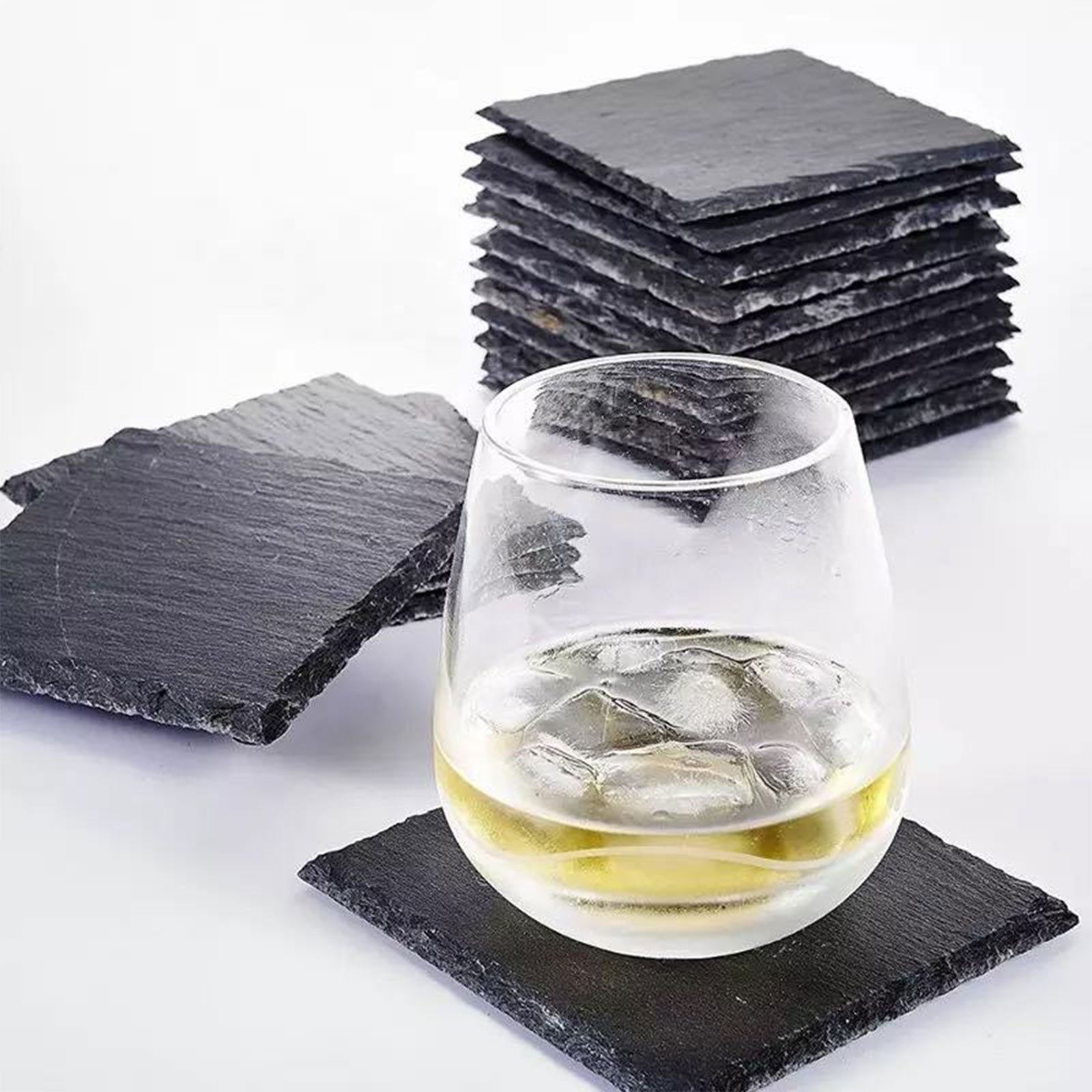 OKWISH Getränkeuntersetzer 12 Glasuntersetzer Schiefer Gläser Untersetzer Schieferplatte 10x10 cm, Quadratisch Natur Schieferuntersetzer mit Metall Halter, 12-tlg., Rutschfest und Isoliert für Getränke Glas Tassen Bar Deko usw