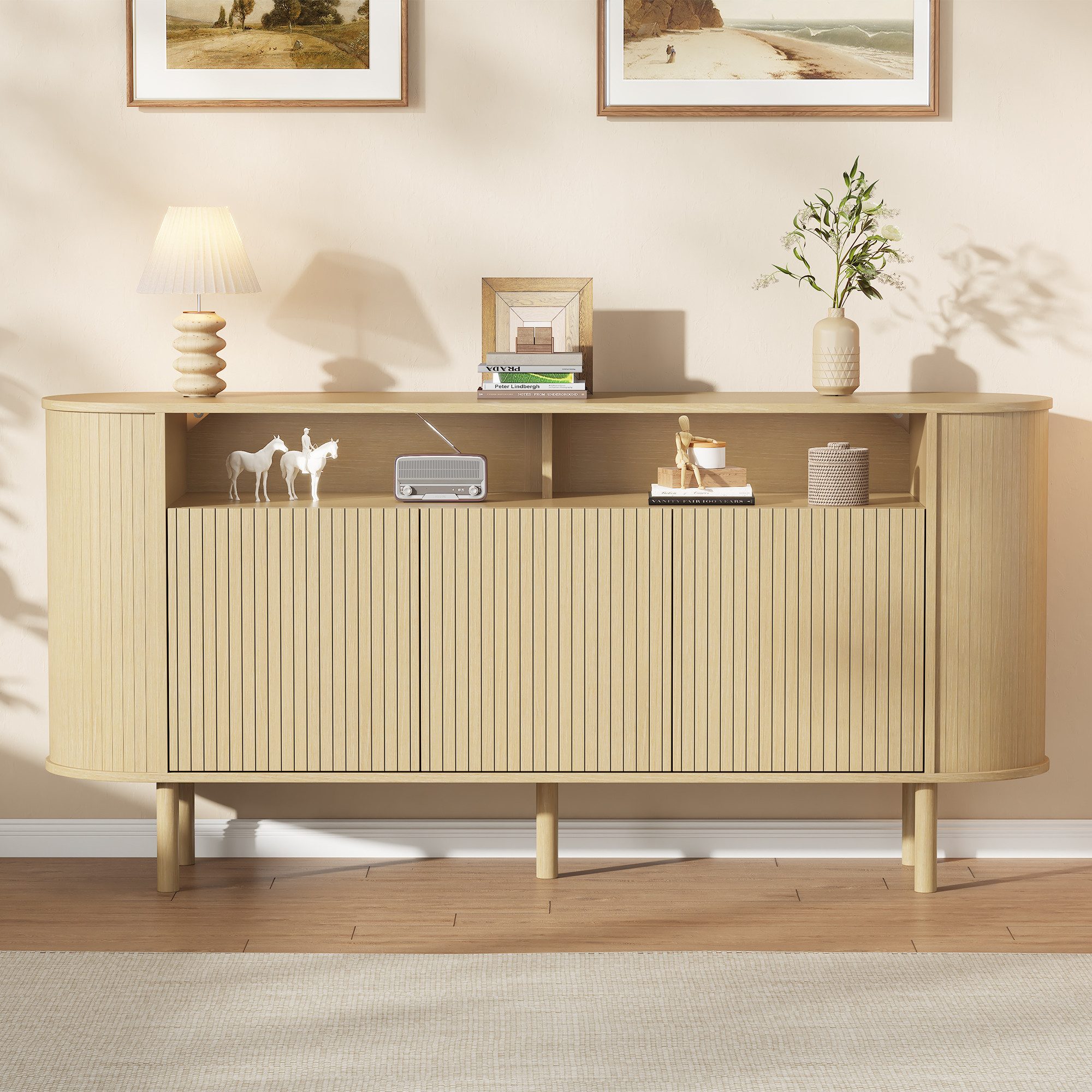 Merax Sideboard mit 3 Wellentüren, offenem Ablagefach & Massivholzbeinen (1 St), Kommode Flurschrank Aufbewahrungsschrank, 160x40x78,5cm (LxBxH)